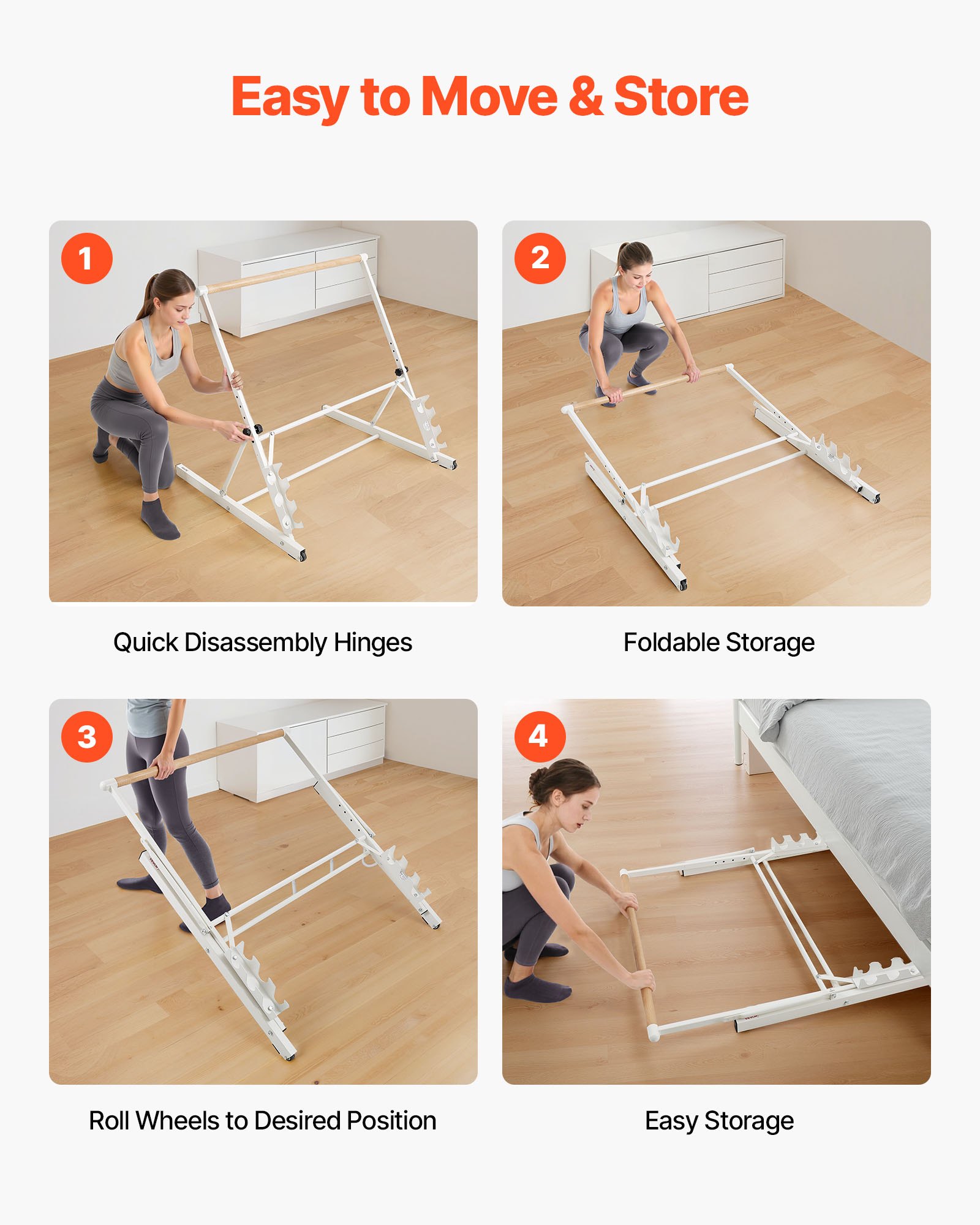 VEVOR Barra Elástica de Madera de Ballet, 4 Niveles, con Un Asa de Bloqueo Lateral, para Ejercicios de Ballet, Entrenamiento de Equilibrio, Ejercicios de Relajación y Yoga, 1048 x 870 x 950 mm