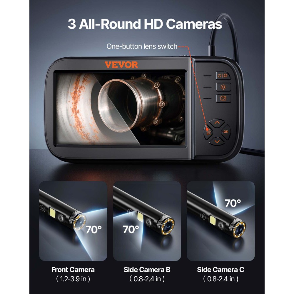 VEVOR Cámara Endoscopio de Triple Lente 4,5" Pantalla IPS Cámara de Inspección Borescopio con Lente 1080P Cable Serpiente 8 Luces, Batería 2860 mAh, Endoscopio Impermeable para Auto, Pared, Drenaje