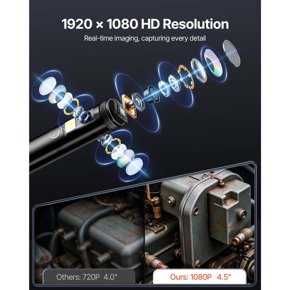VEVOR Cámara Endoscopio de Triple Lente 4,5" Pantalla IPS Cámara de Inspección Borescopio con Lente 1080P Cable Serpiente 8 Luces, Batería 2860 mAh, Endoscopio Impermeable para Auto, Pared, Drenaje