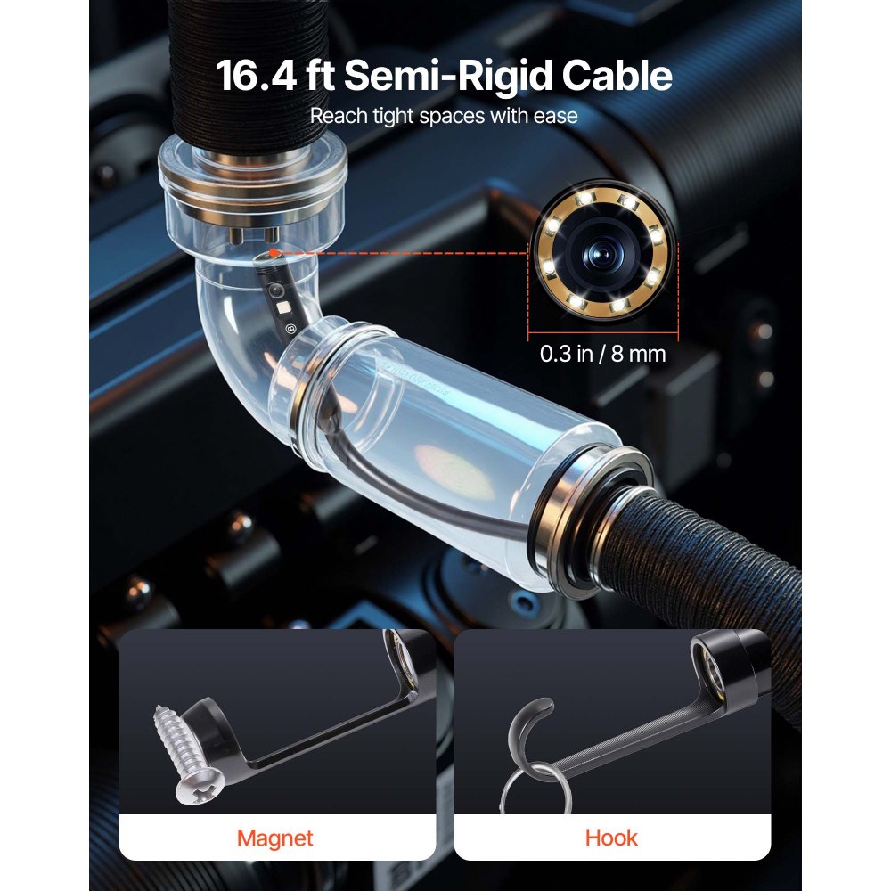 VEVOR Cámara Endoscopio de Triple Lente 4,5" Pantalla IPS Cámara de Inspección Borescopio con Lente 1080P Cable Serpiente 8 Luces, Batería 2860 mAh, Endoscopio Impermeable para Auto, Pared, Drenaje