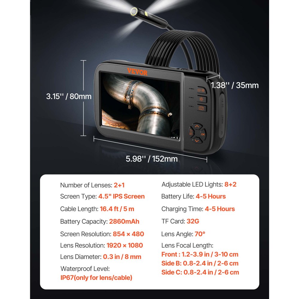 VEVOR Cámara Endoscopio de Triple Lente 4,5" Pantalla IPS Cámara de Inspección Borescopio con Lente 1080P Cable Serpiente 8 Luces, Batería 2860 mAh, Endoscopio Impermeable para Auto, Pared, Drenaje