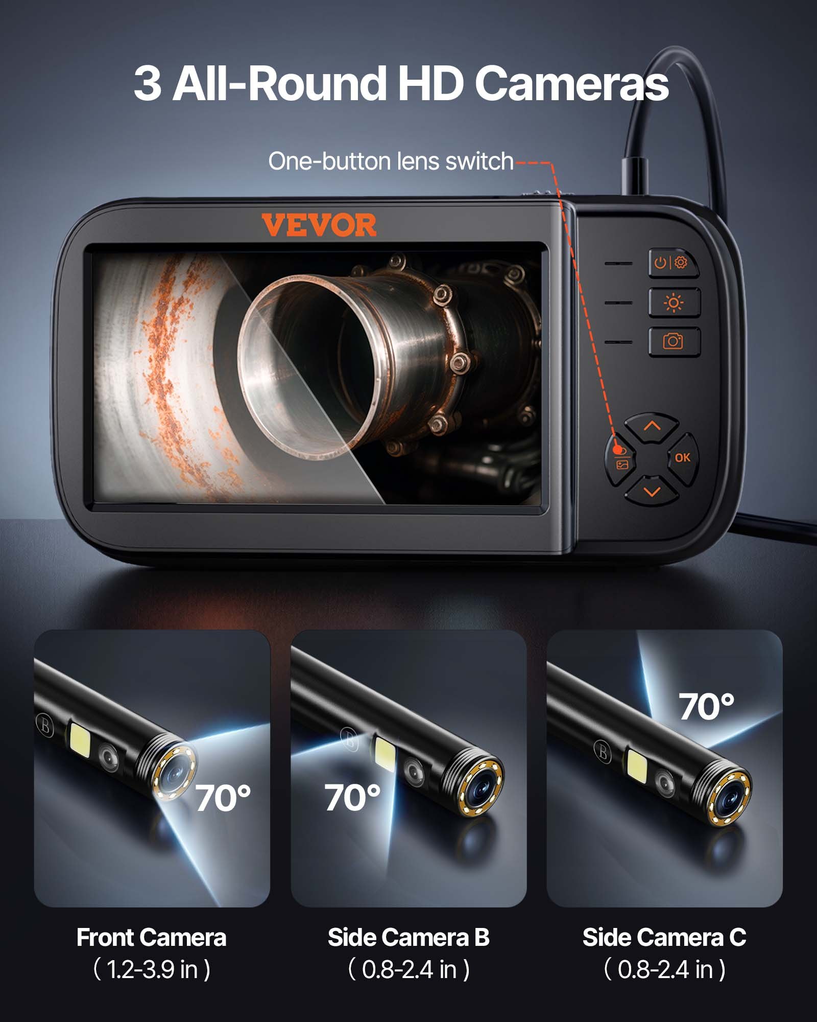 VEVOR Cámara Endoscopio de Triple Lente 4,5" Pantalla IPS Cámara de Inspección Borescopio con Lente 1080P Cable Serpiente 8 Luces, Batería 2860 mAh, Endoscopio Impermeable para Auto, Pared, Drenaje