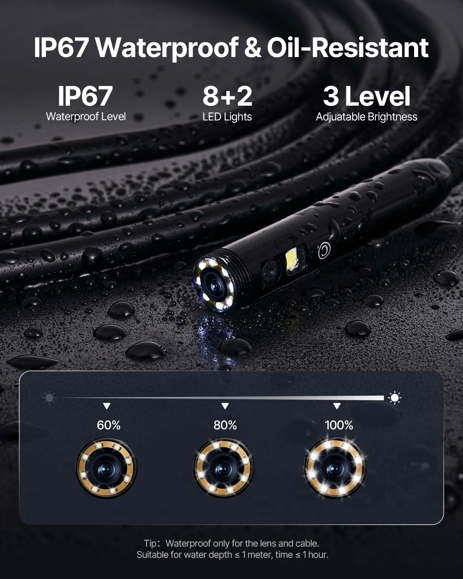 VEVOR Cámara Endoscopio de Triple Lente 4,5" Pantalla IPS Cámara de Inspección Borescopio con Lente 1080P Cable Serpiente 8 Luces, Batería 2860 mAh, Endoscopio Impermeable para Auto, Pared, Drenaje