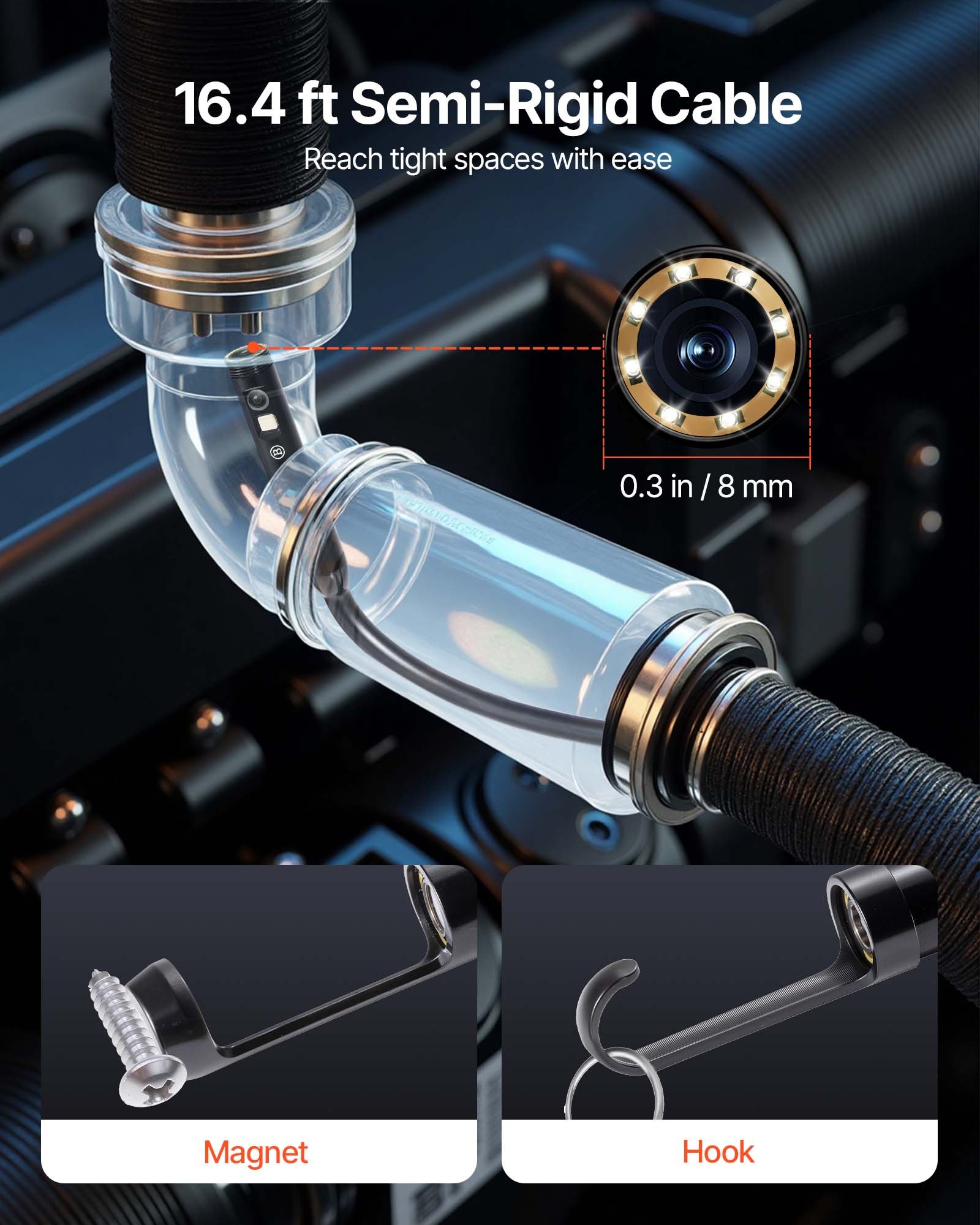 VEVOR Cámara Endoscopio de Triple Lente 4,5" Pantalla IPS Cámara de Inspección Borescopio con Lente 1080P Cable Serpiente 8 Luces, Batería 2860 mAh, Endoscopio Impermeable para Auto, Pared, Drenaje