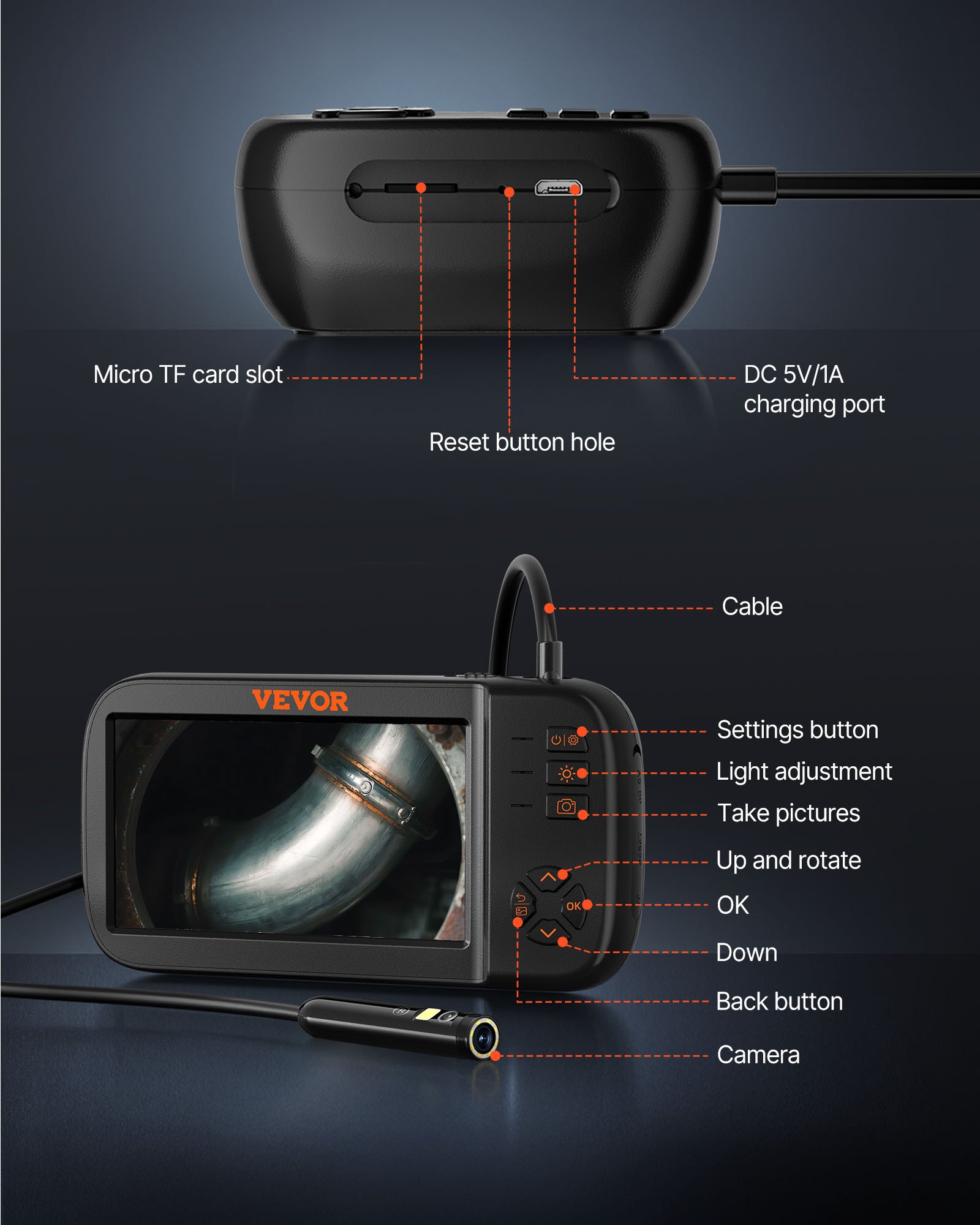 VEVOR Cámara Endoscopio de Triple Lente 4,5" Pantalla IPS Cámara de Inspección Borescopio con Lente 1080P Cable Serpiente 8 Luces, Batería 2860 mAh, Endoscopio Impermeable para Auto, Pared, Drenaje