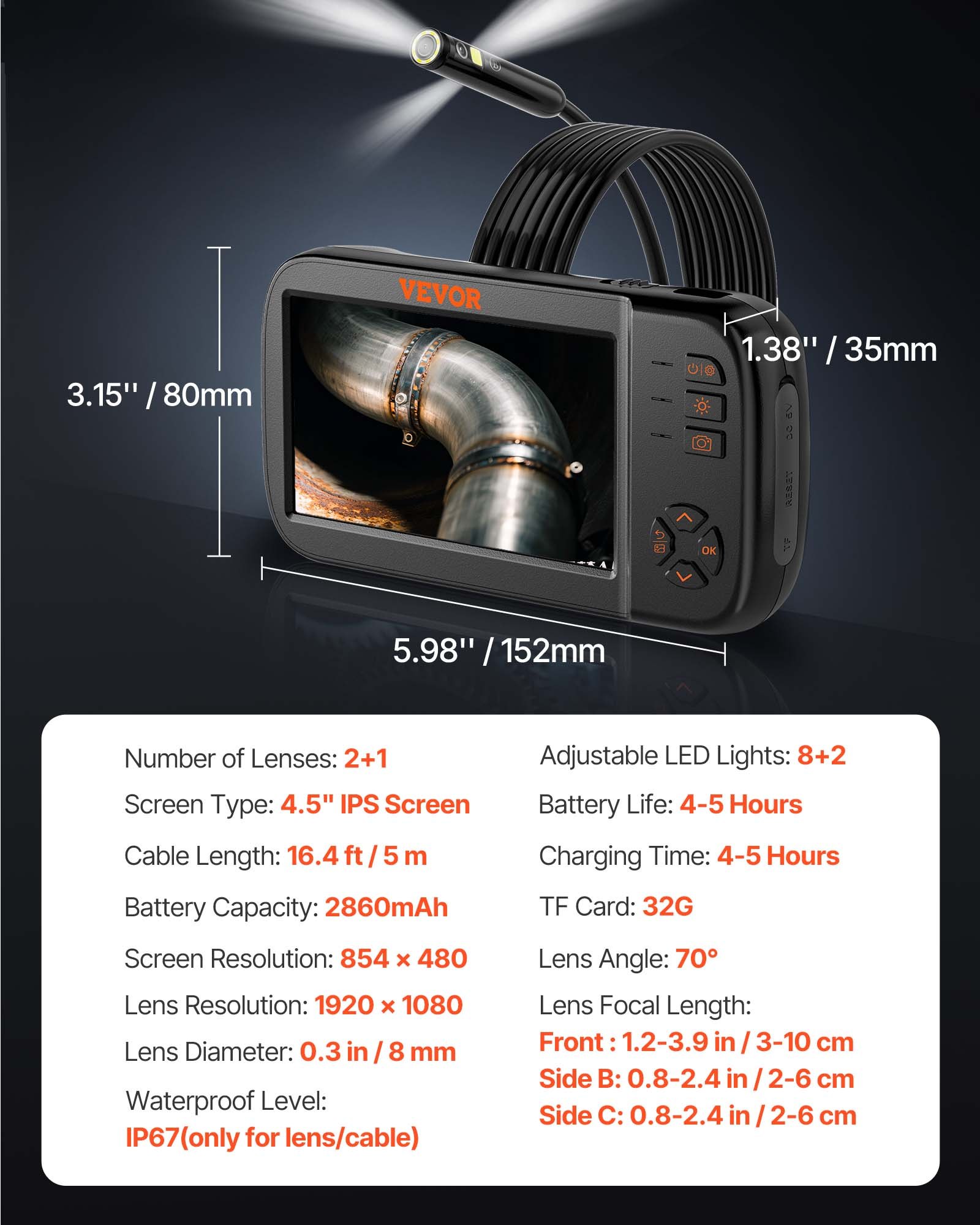 VEVOR Cámara Endoscopio de Triple Lente 4,5" Pantalla IPS Cámara de Inspección Borescopio con Lente 1080P Cable Serpiente 8 Luces, Batería 2860 mAh, Endoscopio Impermeable para Auto, Pared, Drenaje