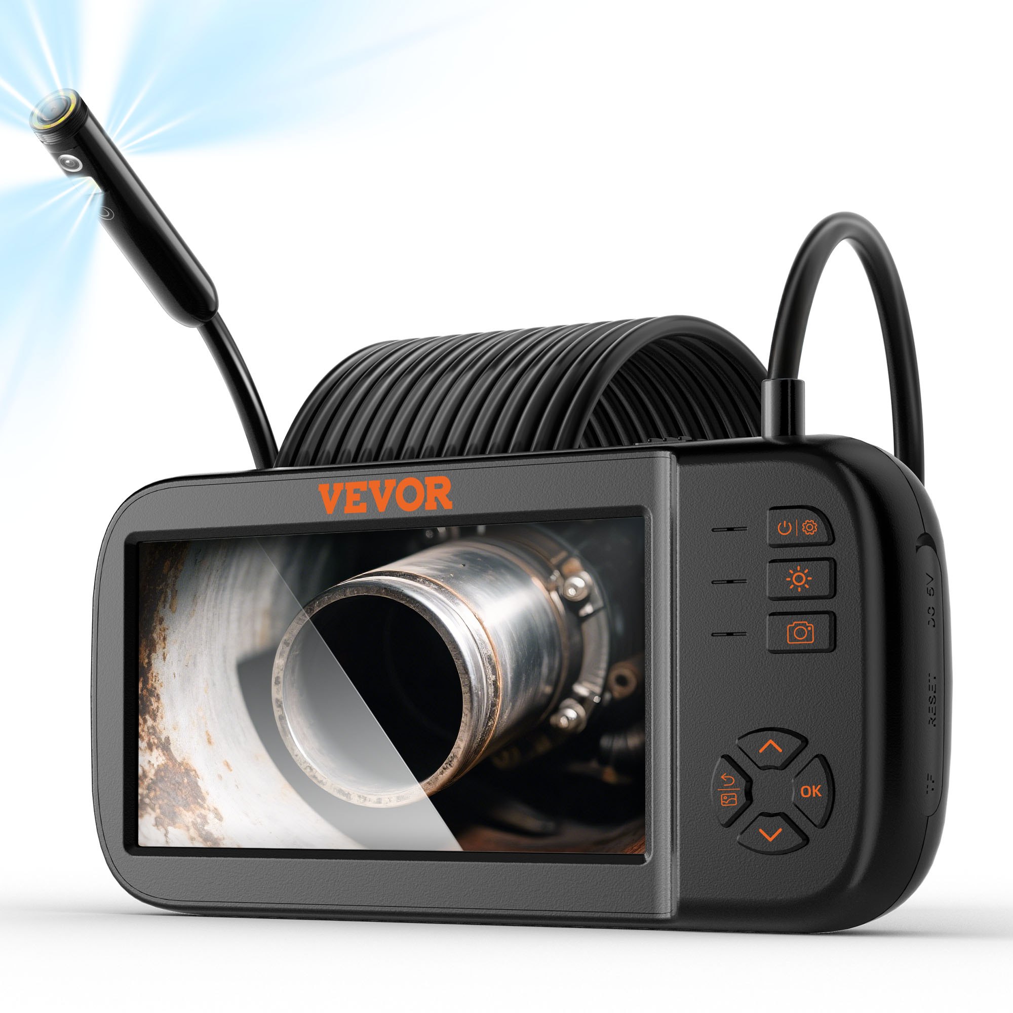 VEVOR Cámara Endoscopio de Triple Lente 4,5" Pantalla IPS Cámara de Inspección Borescopio con Lente 1080P Cable Serpiente 8 Luces, Batería 2860 mAh, Endoscopio Impermeable para Auto, Pared, Drenaje