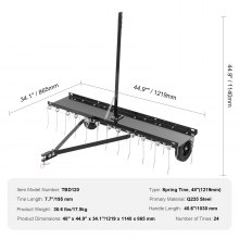 VEVOR Cortacésped Remolque con 24 Púas de Acero Resistentes 1219 x 1140 x 865 mm