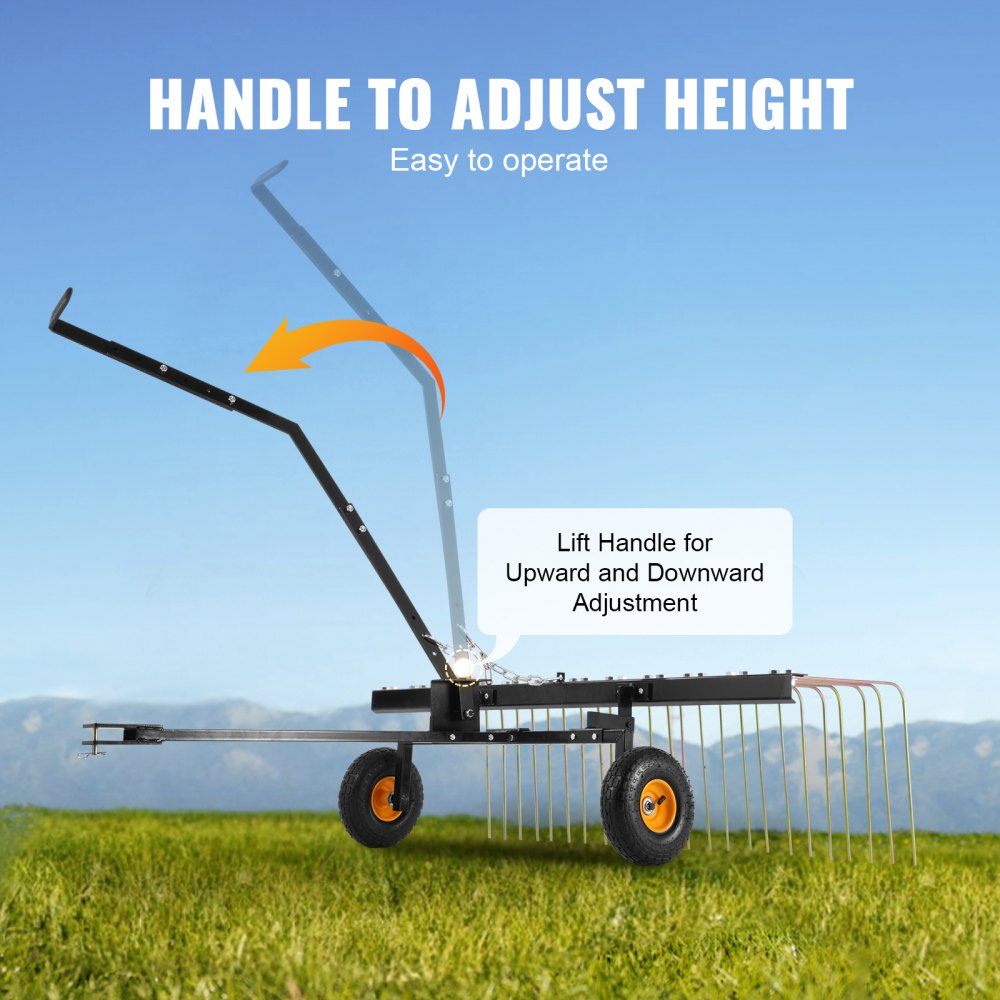 VEVOR Escarificadora de Remolque detrás de 1500 x 1600 x 1900 mm con 24 Púas de Acero Q235, Rastrillo de Césped para ATV o Cortacésped, con Mango de Elevación para Hojas, Agujas de Pino y Hierba