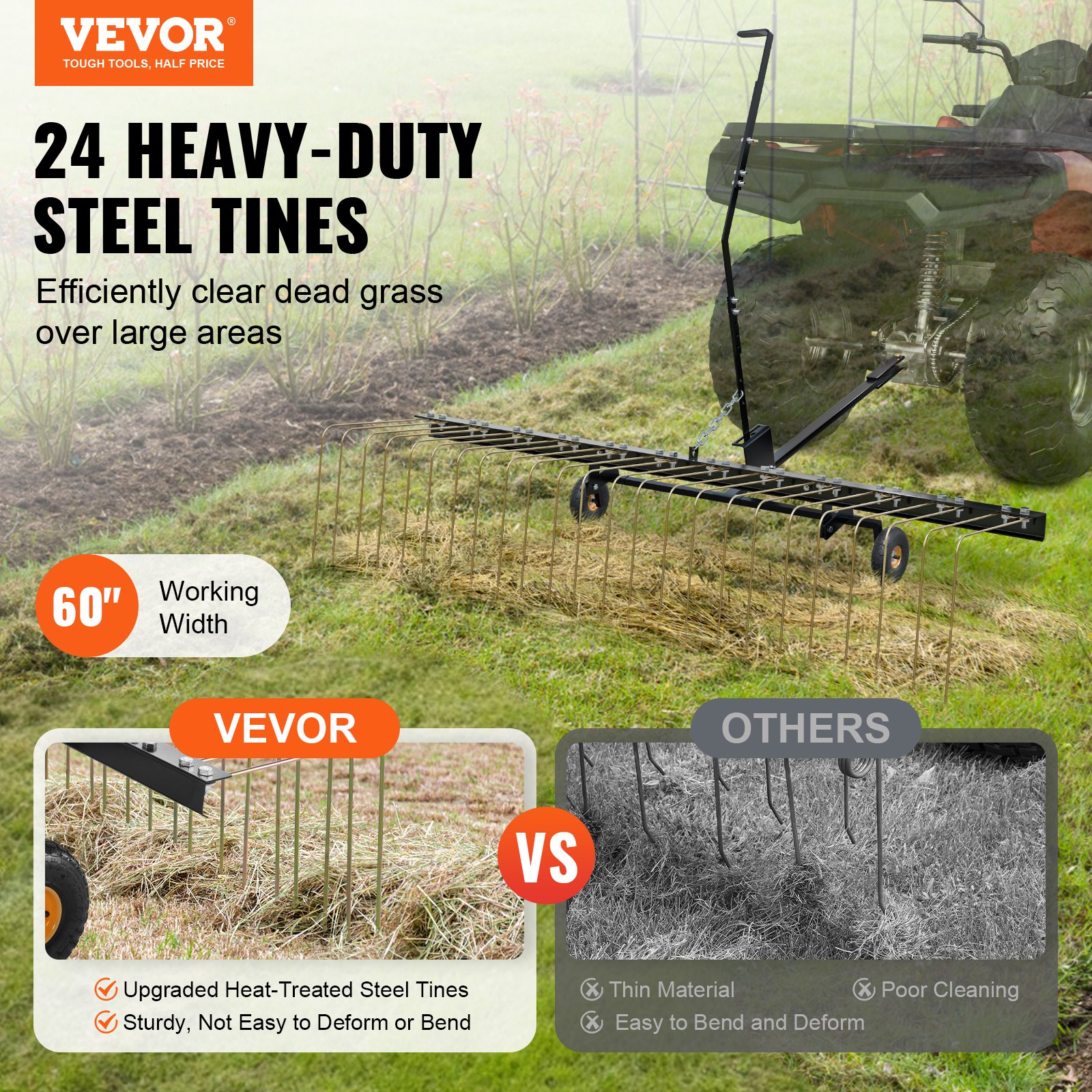 VEVOR Escarificadora de Remolque detrás de 1500 x 1600 x 1900 mm con 24 Púas de Acero Q235, Rastrillo de Césped para ATV o Cortacésped, con Mango de Elevación para Hojas, Agujas de Pino y Hierba