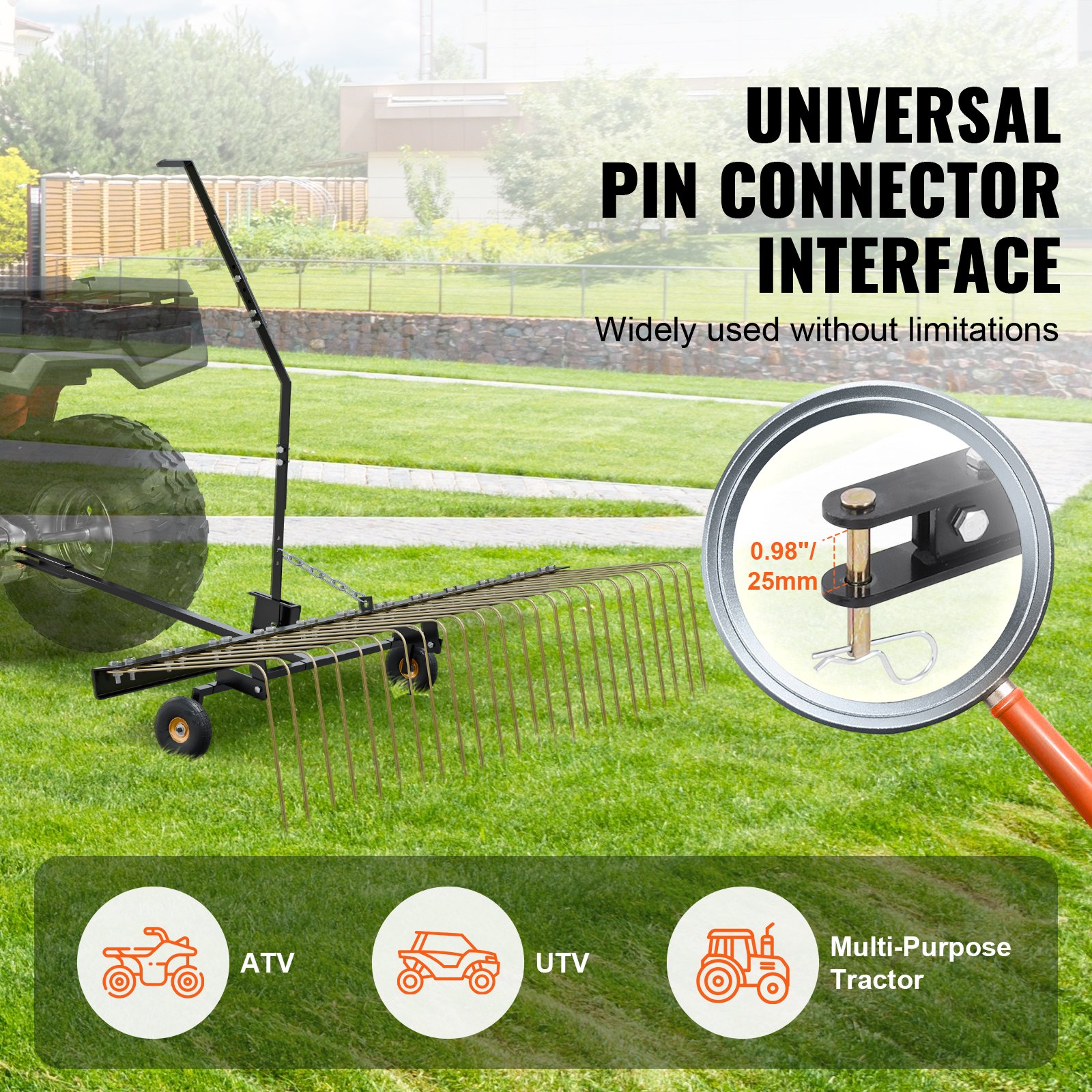 VEVOR Escarificadora de Remolque detrás de 1500 x 1600 x 1900 mm con 24 Púas de Acero Q235, Rastrillo de Césped para ATV o Cortacésped, con Mango de Elevación para Hojas, Agujas de Pino y Hierba