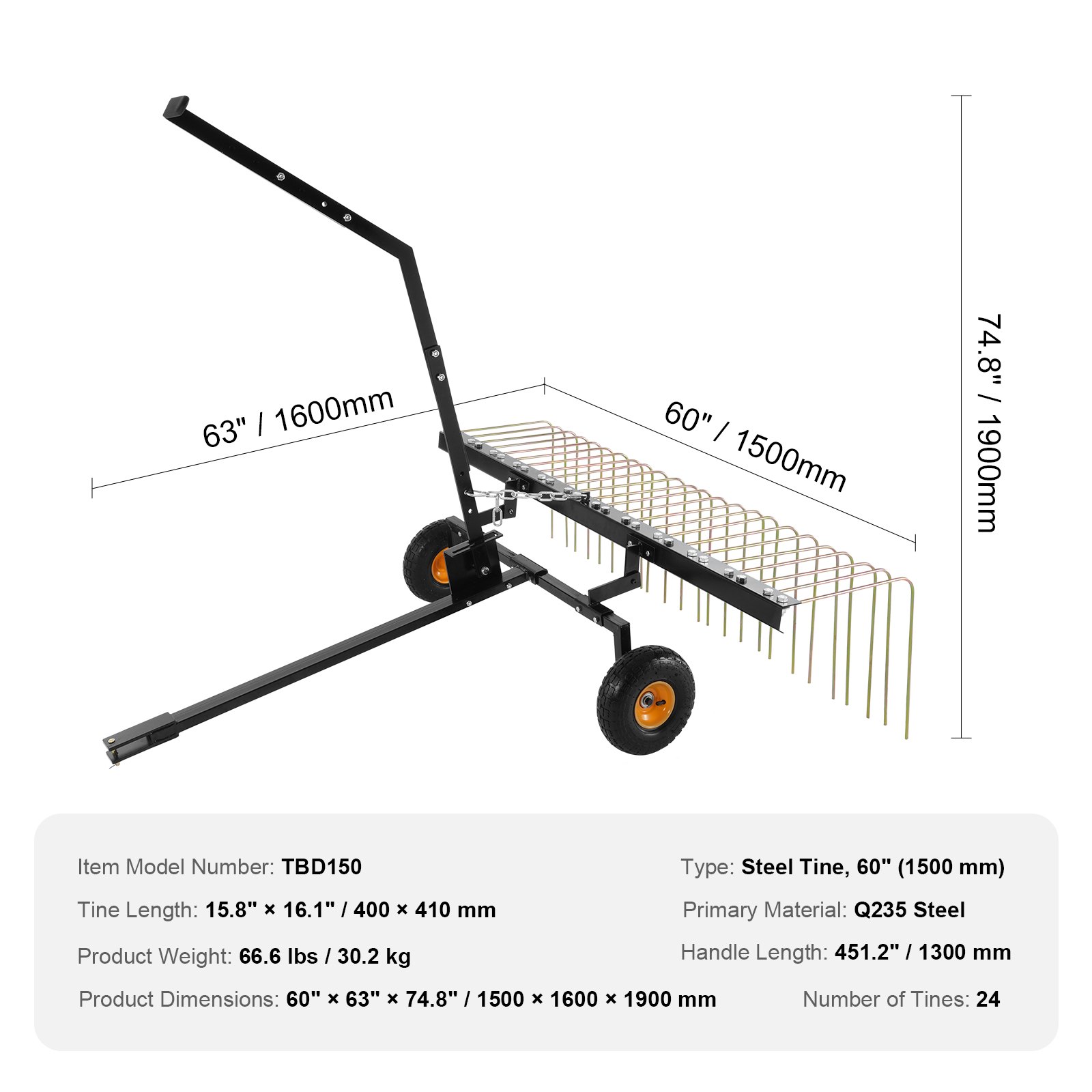 VEVOR Escarificadora de Remolque detrás de 1500 x 1600 x 1900 mm con 24 Púas de Acero Q235, Rastrillo de Césped para ATV o Cortacésped, con Mango de Elevación para Hojas, Agujas de Pino y Hierba