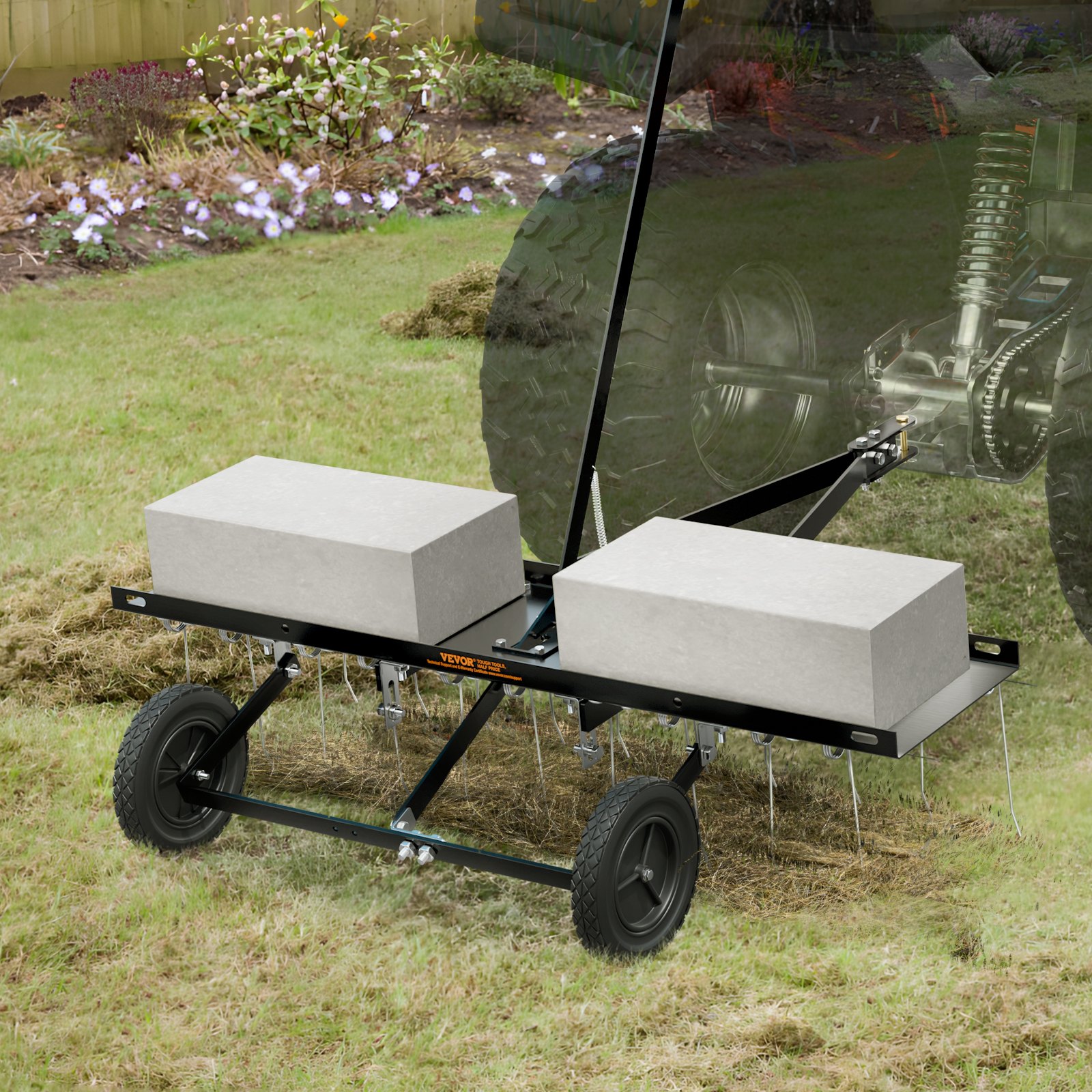 VEVOR Cortacéspedes de Remolque detrás de 1015 x 1140 x 865 mm con 20 Púas de Acero de Resorte, Rastrillo de Césped para ATV o Cortacésped, con Mango de Elevación para Césped de Granja de Jardín