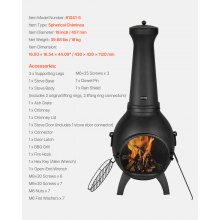 VEVOR Chimenea de Leña 457 mm con Rejilla para Parrilla para Exteriores Patio