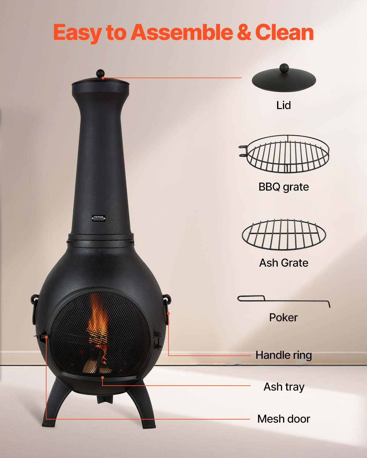 VEVOR Chimenea de Leña para Exteriores 457 mm, Aluminio, para Barbacoa y Calentamiento con Malla para Parrilla Revestimiento para Chimenea y Tapa a Prueba Óxido para Jardín, 520 x 500 x 1300 mm