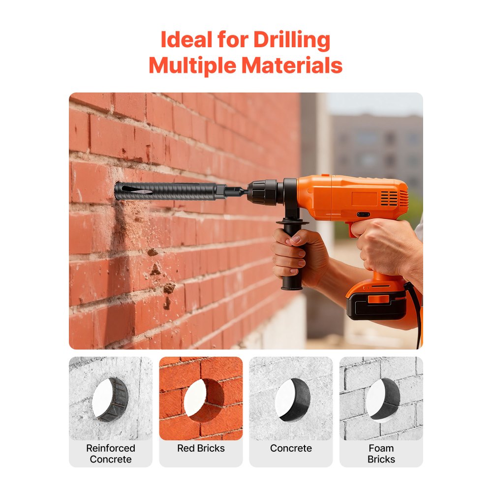 VEVOR Broca de Diamante para Perforación en Seco, φ 38 mm, 241 mm de Profundidad, Rosca Interna M16, con 3 Adaptadores, Broca Piloto, Llave Hexagonal para Hormigón Armado, Ladrillo y Mampostería