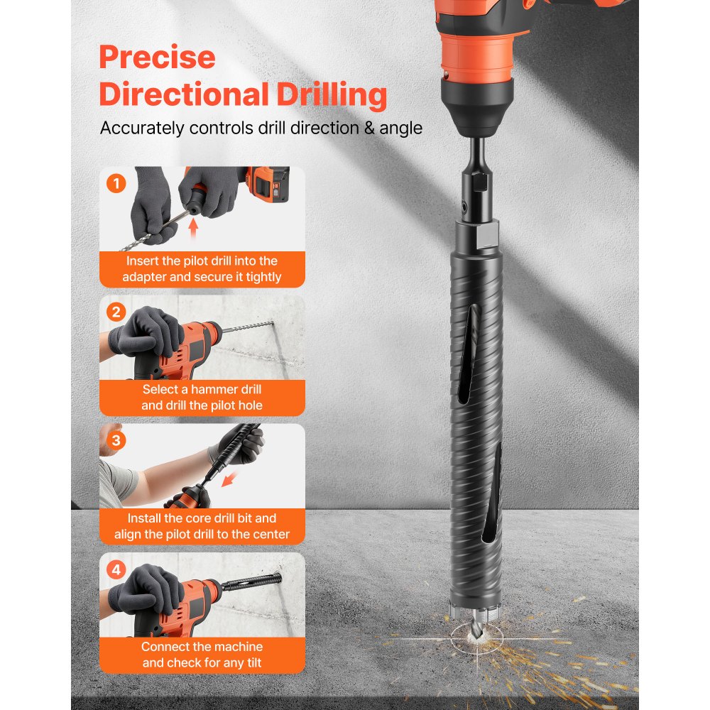 VEVOR Broca de Diamante para Perforación en Seco, φ 38 mm, 241 mm de Profundidad, Rosca Interna M16, con 3 Adaptadores, Broca Piloto, Llave Hexagonal para Hormigón Armado, Ladrillo y Mampostería