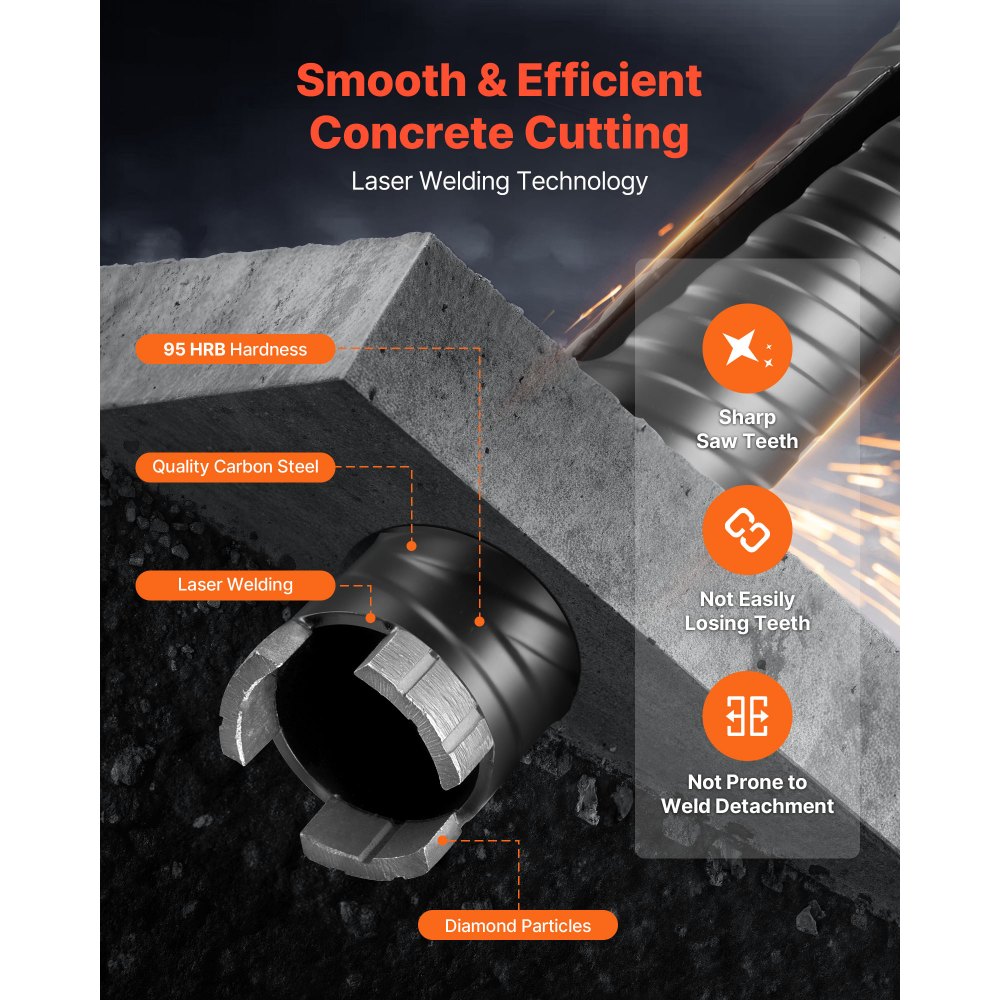 VEVOR Broca de Diamante para Perforación en Seco, φ 38 mm, 241 mm de Profundidad, Rosca Interna M16, con 3 Adaptadores, Broca Piloto, Llave Hexagonal para Hormigón Armado, Ladrillo y Mampostería