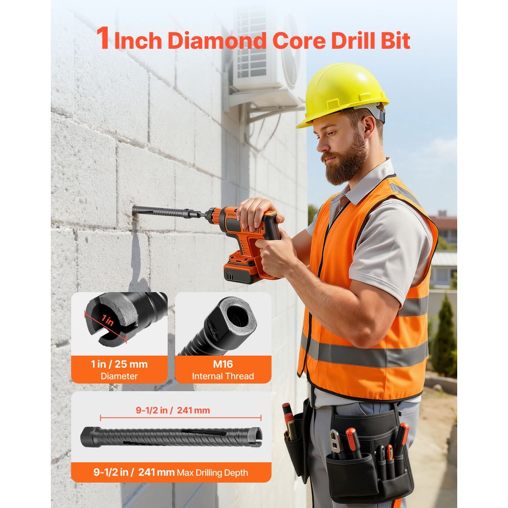 VEVOR Core Drill Bit, 25 mm Diameter, 241 mm Drilling Depth, M16 Internal Thread, Diamond Dry Coring Bit with 3 Adapters, Pilot Drill and Hex Wrench, for Reinforced Concrete, Red Bricks, and Masonry