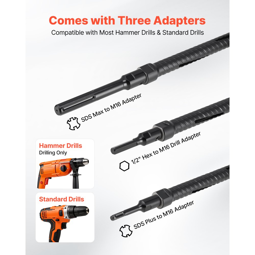 VEVOR Core Drill Bit, 25 mm Diameter, 241 mm Drilling Depth, M16 Internal Thread, Diamond Dry Coring Bit with 3 Adapters, Pilot Drill and Hex Wrench, for Reinforced Concrete, Red Bricks, and Masonry