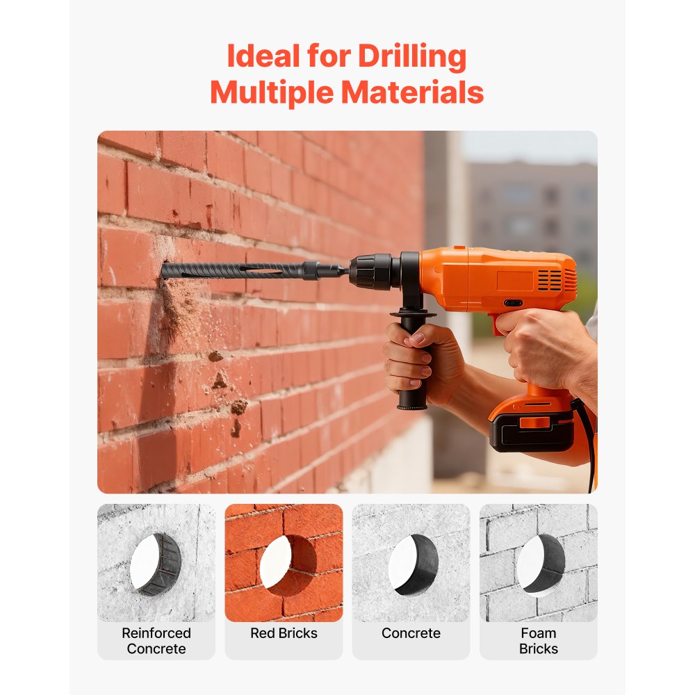 VEVOR Core Drill Bit, 25 mm Diameter, 241 mm Drilling Depth, M16 Internal Thread, Diamond Dry Coring Bit with 3 Adapters, Pilot Drill and Hex Wrench, for Reinforced Concrete, Red Bricks, and Masonry