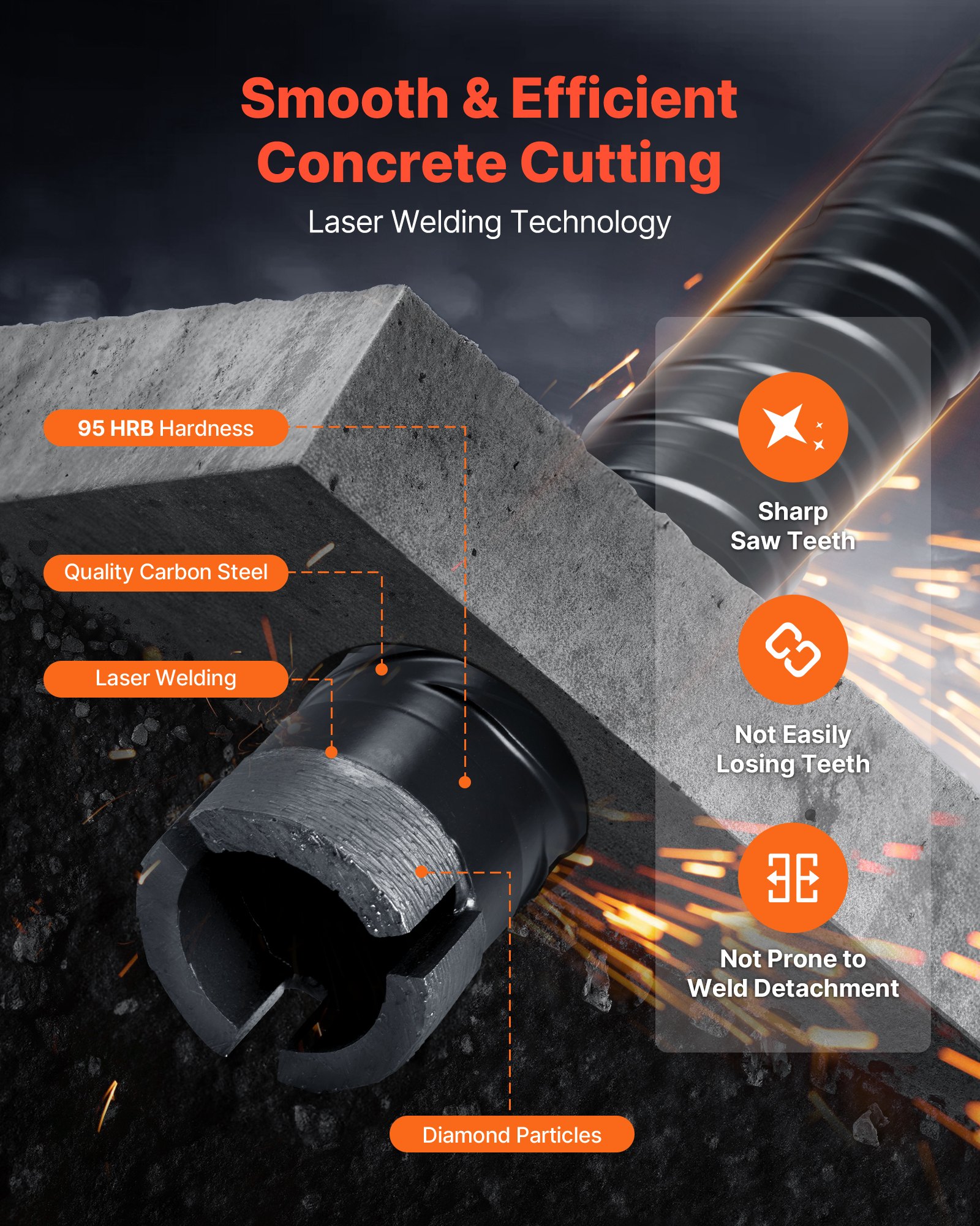 VEVOR Core Drill Bit, 25 mm Diameter, 241 mm Drilling Depth, M16 Internal Thread, Diamond Dry Coring Bit with 3 Adapters, Pilot Drill and Hex Wrench, for Reinforced Concrete, Red Bricks, and Masonry