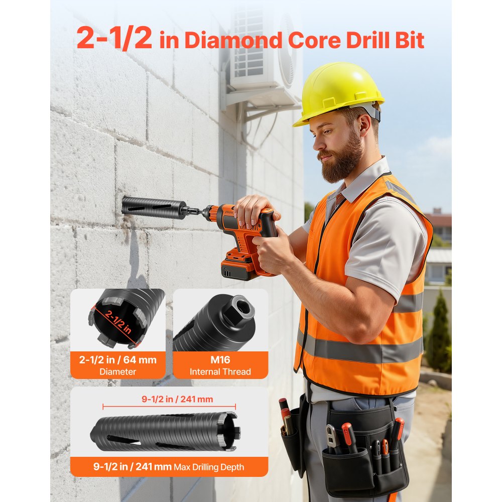 VEVOR Core Drill Bit, 64 mm Diameter, 241 mm Drilling Depth, M16 Internal Thread, Diamond Dry Coring Bit with 3 Adapters, Pilot Drill and Hex Wrench, for Reinforced Concrete, Red Bricks, and Masonry