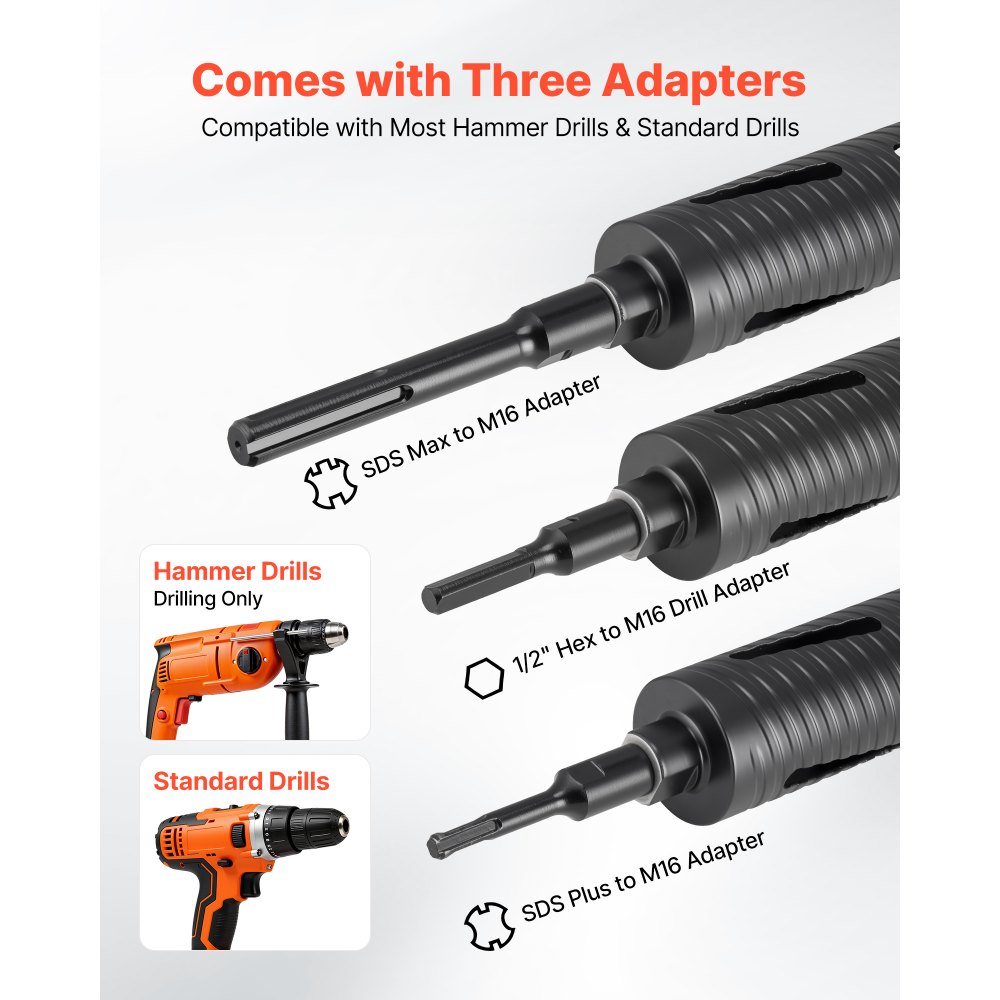 VEVOR Core Drill Bit, 64 mm Diameter, 241 mm Drilling Depth, M16 Internal Thread, Diamond Dry Coring Bit with 3 Adapters, Pilot Drill and Hex Wrench, for Reinforced Concrete, Red Bricks, and Masonry