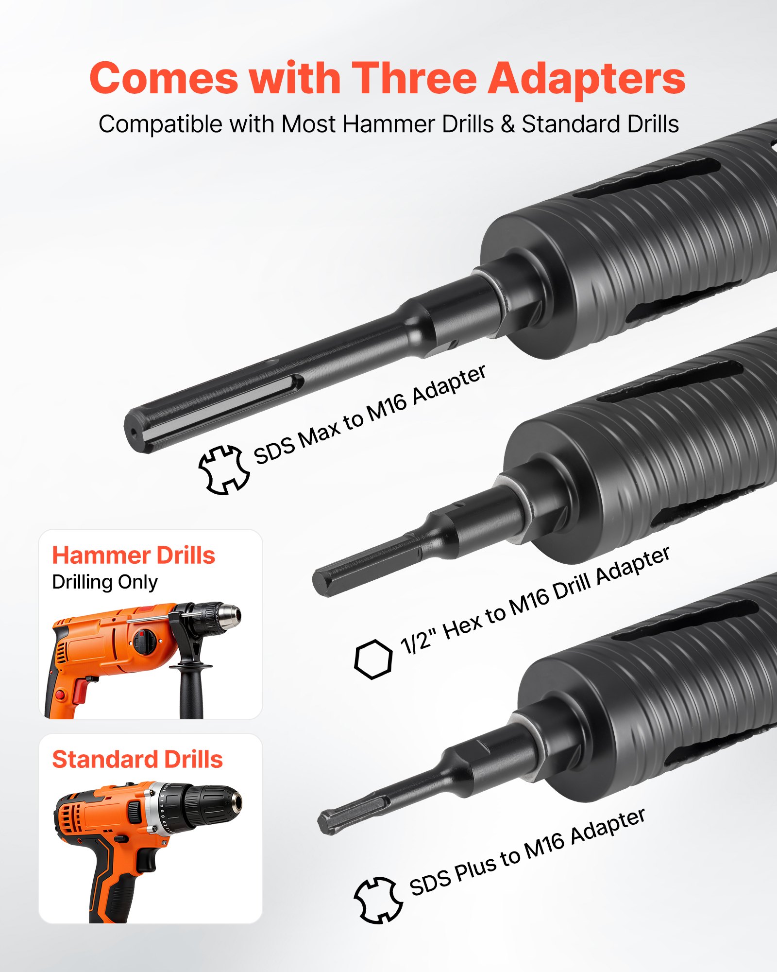 VEVOR Core Drill Bit, 64 mm Diameter, 241 mm Drilling Depth, M16 Internal Thread, Diamond Dry Coring Bit with 3 Adapters, Pilot Drill and Hex Wrench, for Reinforced Concrete, Red Bricks, and Masonry