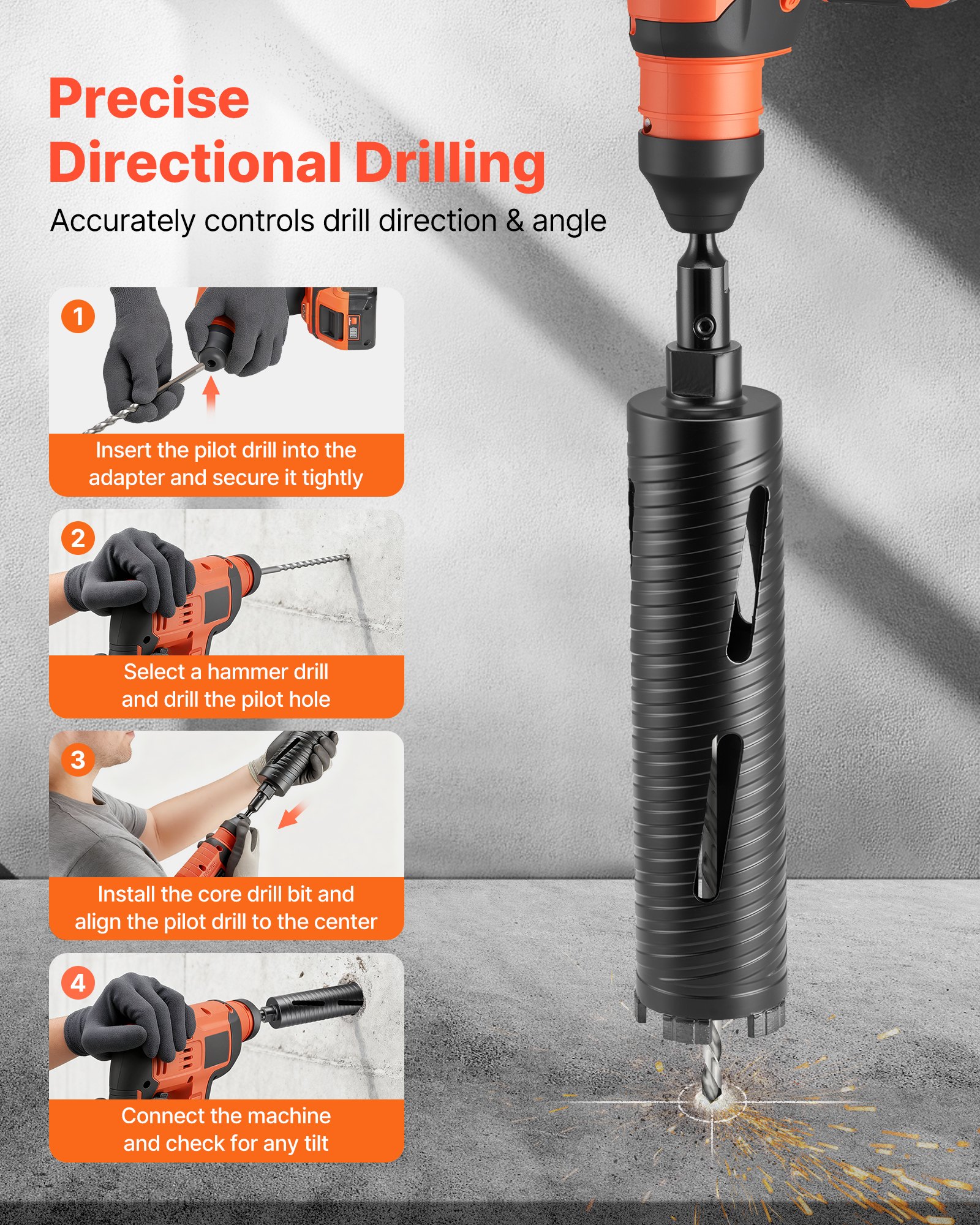 VEVOR Core Drill Bit, 64 mm Diameter, 241 mm Drilling Depth, M16 Internal Thread, Diamond Dry Coring Bit with 3 Adapters, Pilot Drill and Hex Wrench, for Reinforced Concrete, Red Bricks, and Masonry