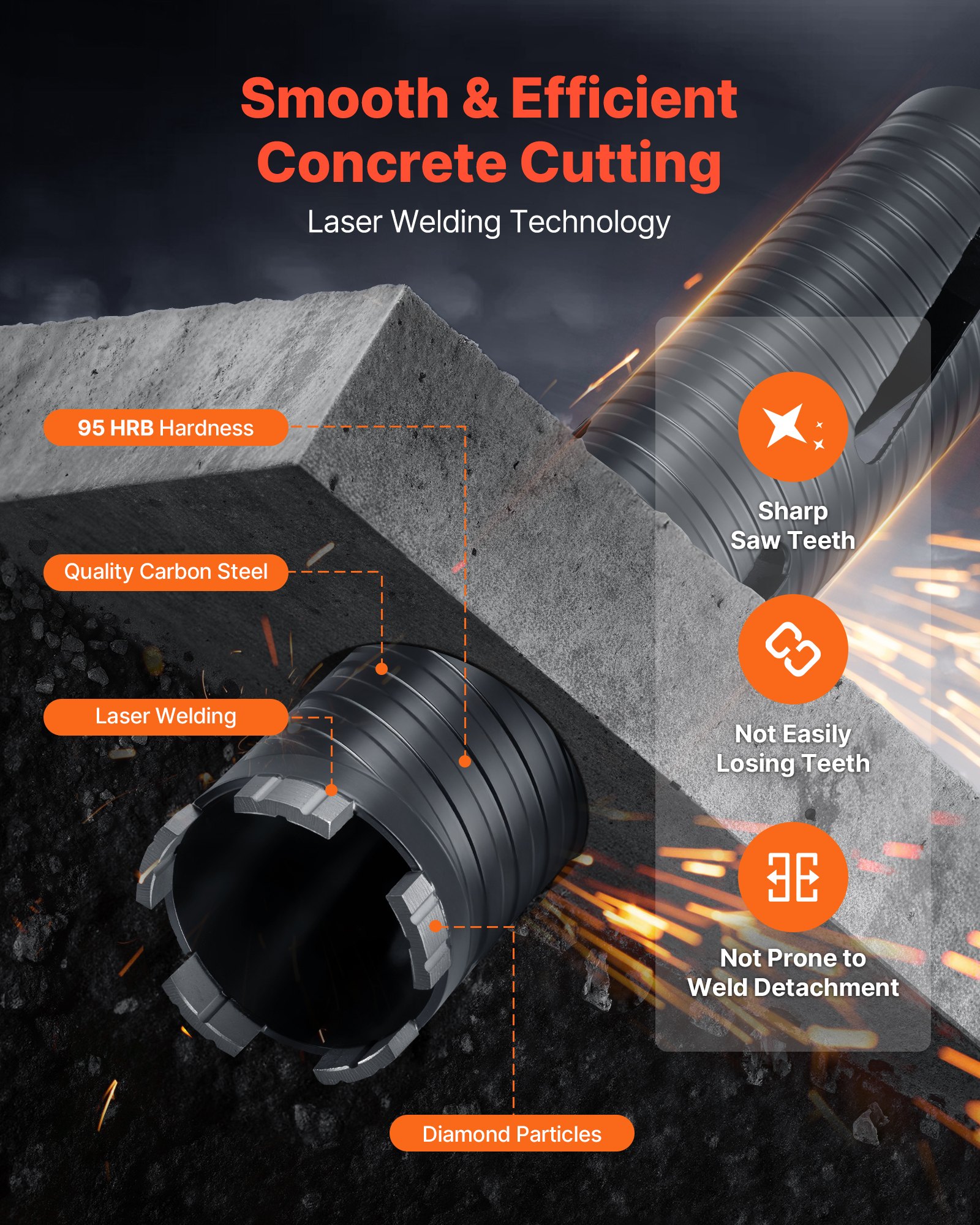 VEVOR Core Drill Bit, 64 mm Diameter, 241 mm Drilling Depth, M16 Internal Thread, Diamond Dry Coring Bit with 3 Adapters, Pilot Drill and Hex Wrench, for Reinforced Concrete, Red Bricks, and Masonry