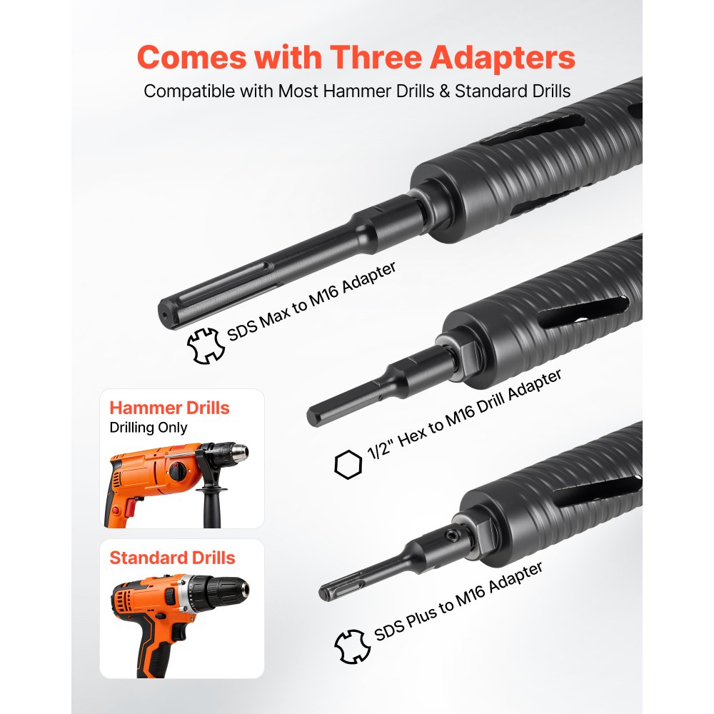 VEVOR Core Drill Bit, 51 mm Diameter, 241 mm Drilling Depth, M16 Internal Thread, Diamond Dry Coring Bit with 3 Adapters, Pilot Drill and Hex Wrench, for Reinforced Concrete, Red Bricks, and Masonry