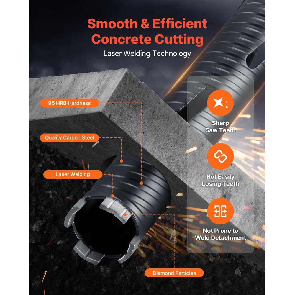 VEVOR Core Drill Bit, 51 mm Diameter, 241 mm Drilling Depth, M16 Internal Thread, Diamond Dry Coring Bit with 3 Adapters, Pilot Drill and Hex Wrench, for Reinforced Concrete, Red Bricks, and Masonry