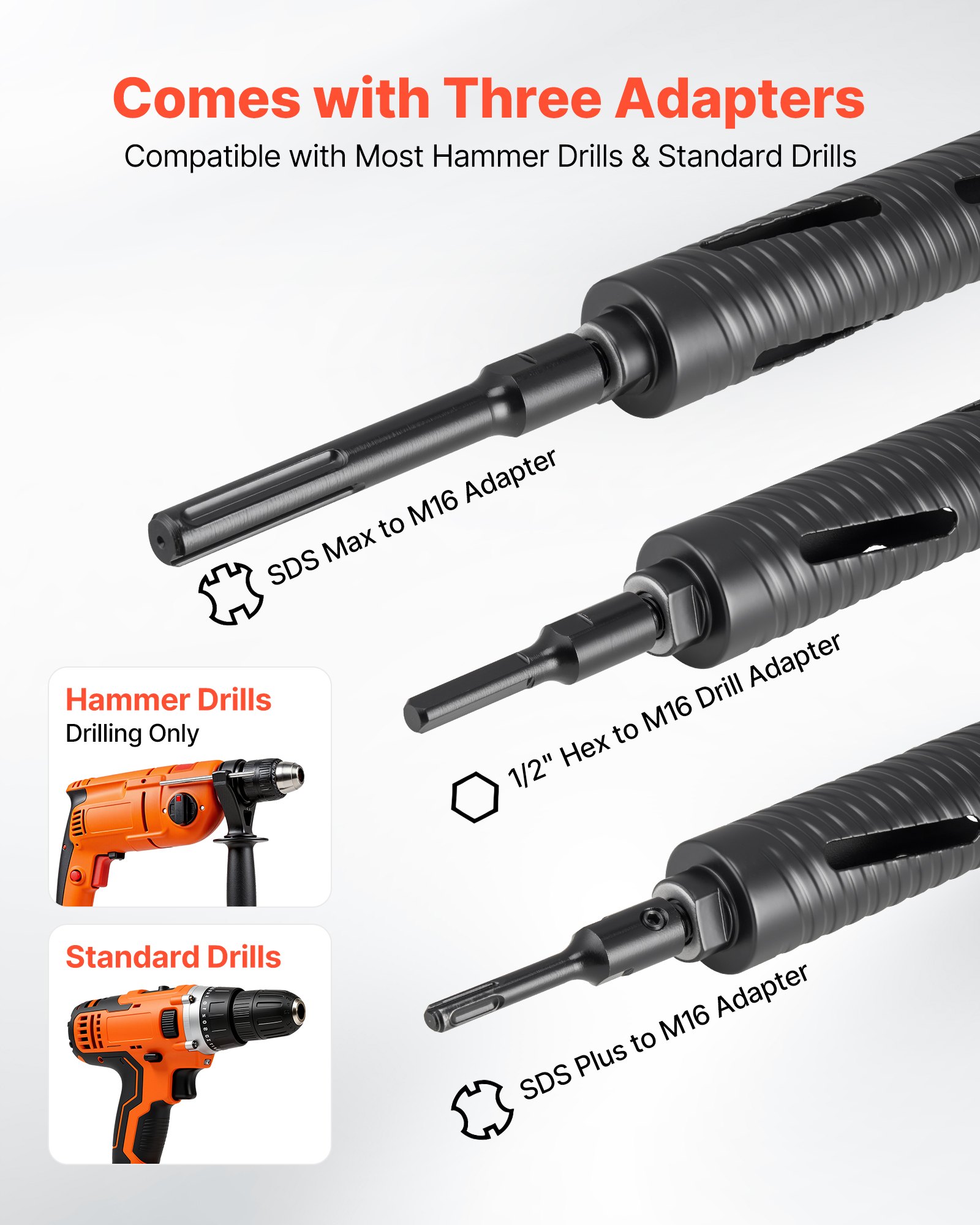 VEVOR Core Drill Bit, 51 mm Diameter, 241 mm Drilling Depth, M16 Internal Thread, Diamond Dry Coring Bit with 3 Adapters, Pilot Drill and Hex Wrench, for Reinforced Concrete, Red Bricks, and Masonry