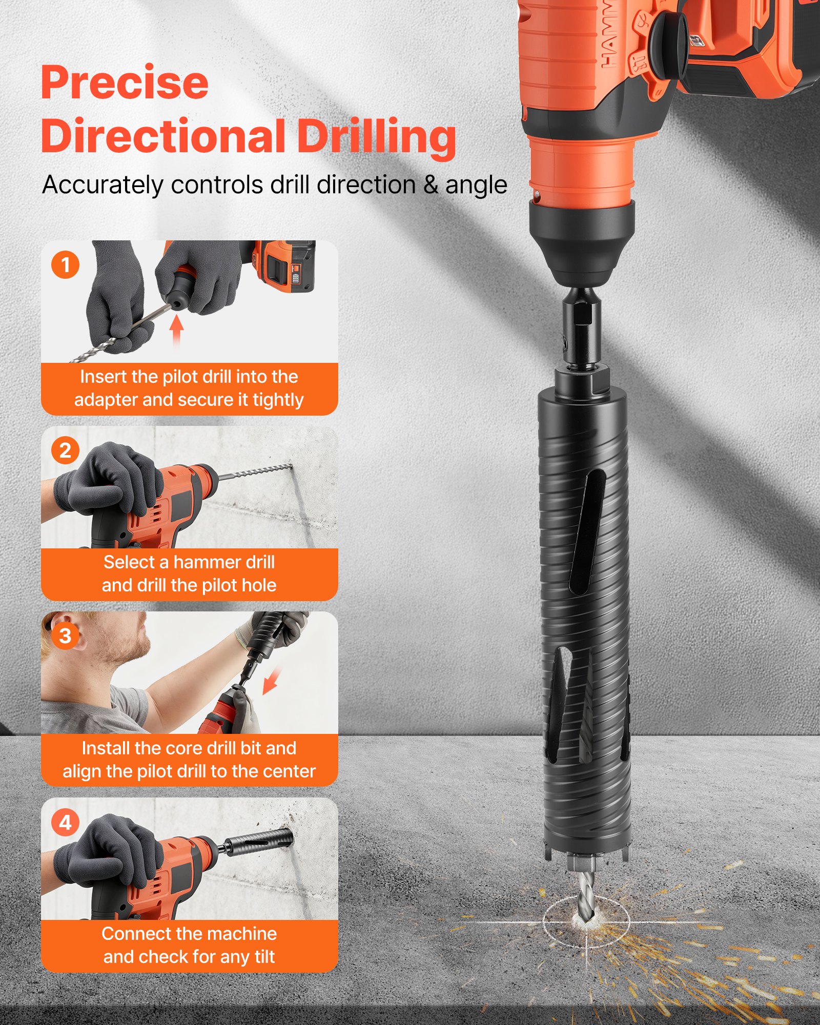VEVOR Core Drill Bit, 51 mm Diameter, 241 mm Drilling Depth, M16 Internal Thread, Diamond Dry Coring Bit with 3 Adapters, Pilot Drill and Hex Wrench, for Reinforced Concrete, Red Bricks, and Masonry