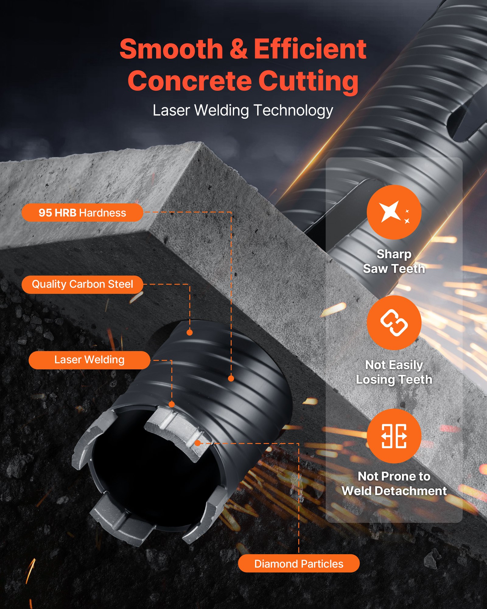 VEVOR Core Drill Bit, 51 mm Diameter, 241 mm Drilling Depth, M16 Internal Thread, Diamond Dry Coring Bit with 3 Adapters, Pilot Drill and Hex Wrench, for Reinforced Concrete, Red Bricks, and Masonry
