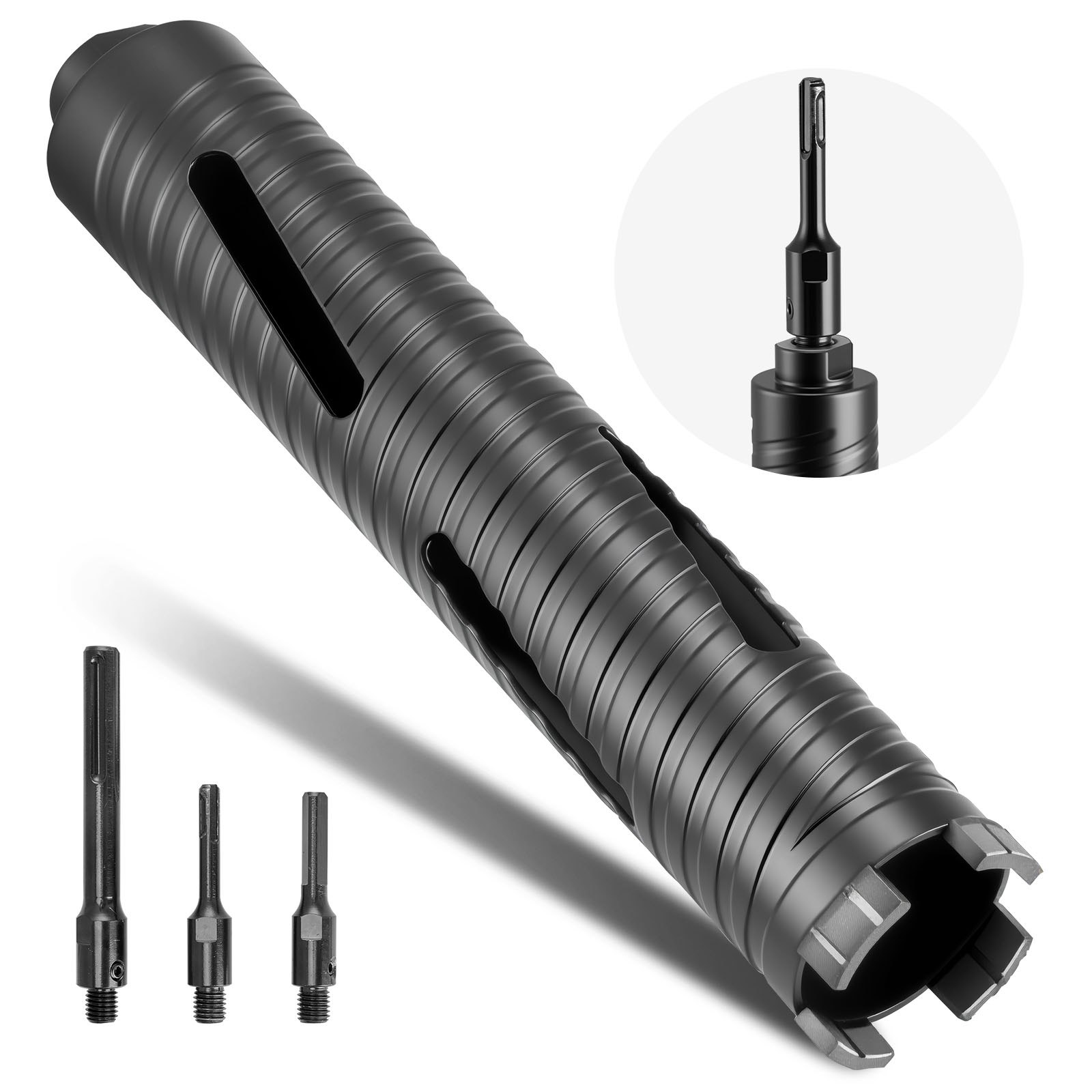 VEVOR Core Drill Bit, 51 mm Diameter, 241 mm Drilling Depth, M16 Internal Thread, Diamond Dry Coring Bit with 3 Adapters, Pilot Drill and Hex Wrench, for Reinforced Concrete, Red Bricks, and Masonry