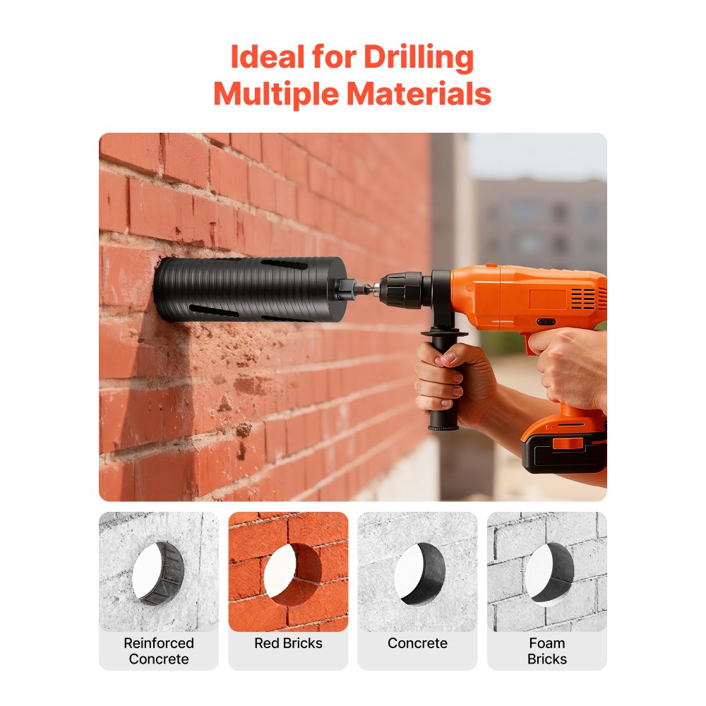 VEVOR Core Drill Bit, 102 mm Diameter, 241 mm Drilling Depth, M16 Internal Thread, Diamond Dry Coring Bit with 3 Adapters, Pilot Drill and Hex Wrench, for Reinforced Concrete, Red Bricks, and Masonry