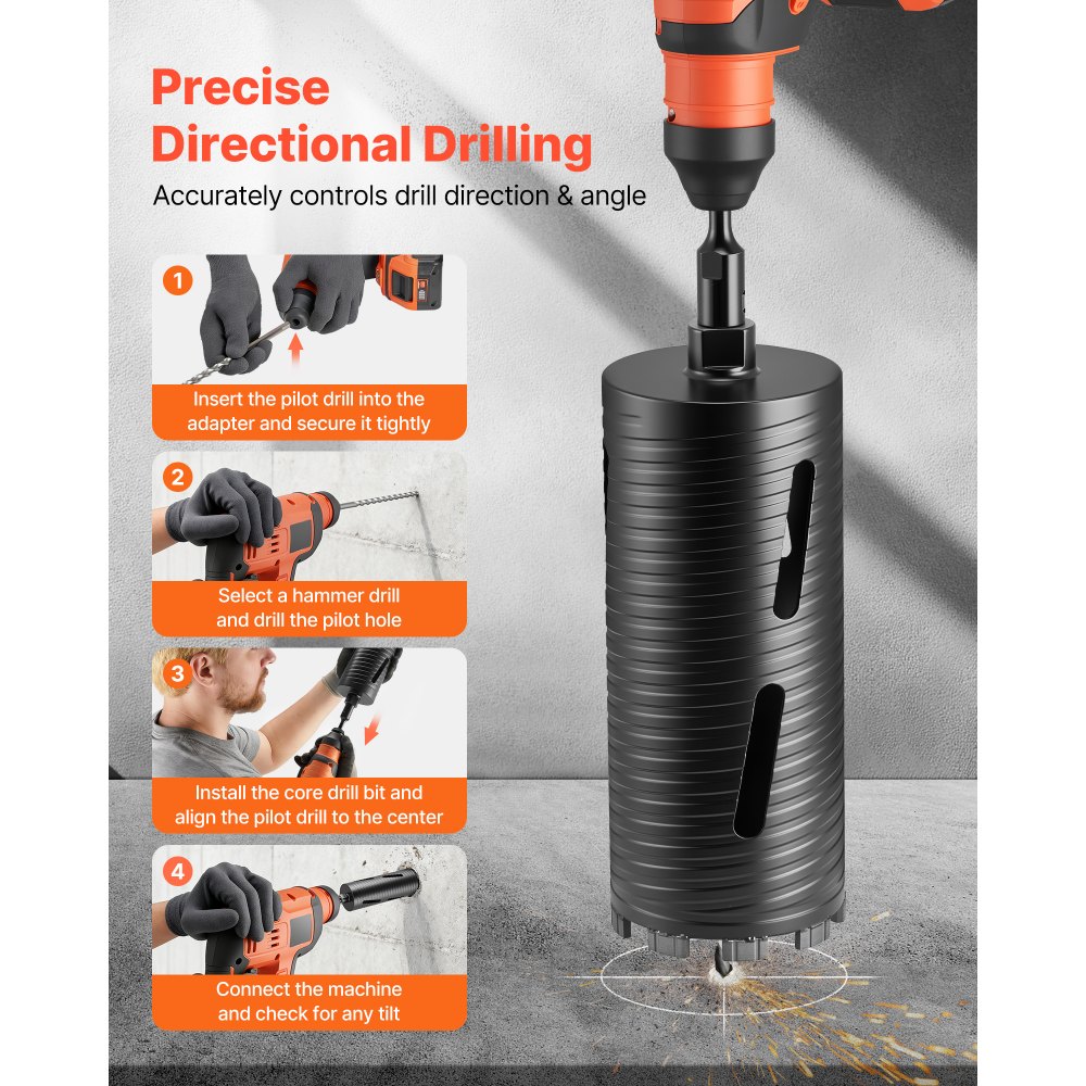 VEVOR Core Drill Bit, 102 mm Diameter, 241 mm Drilling Depth, M16 Internal Thread, Diamond Dry Coring Bit with 3 Adapters, Pilot Drill and Hex Wrench, for Reinforced Concrete, Red Bricks, and Masonry