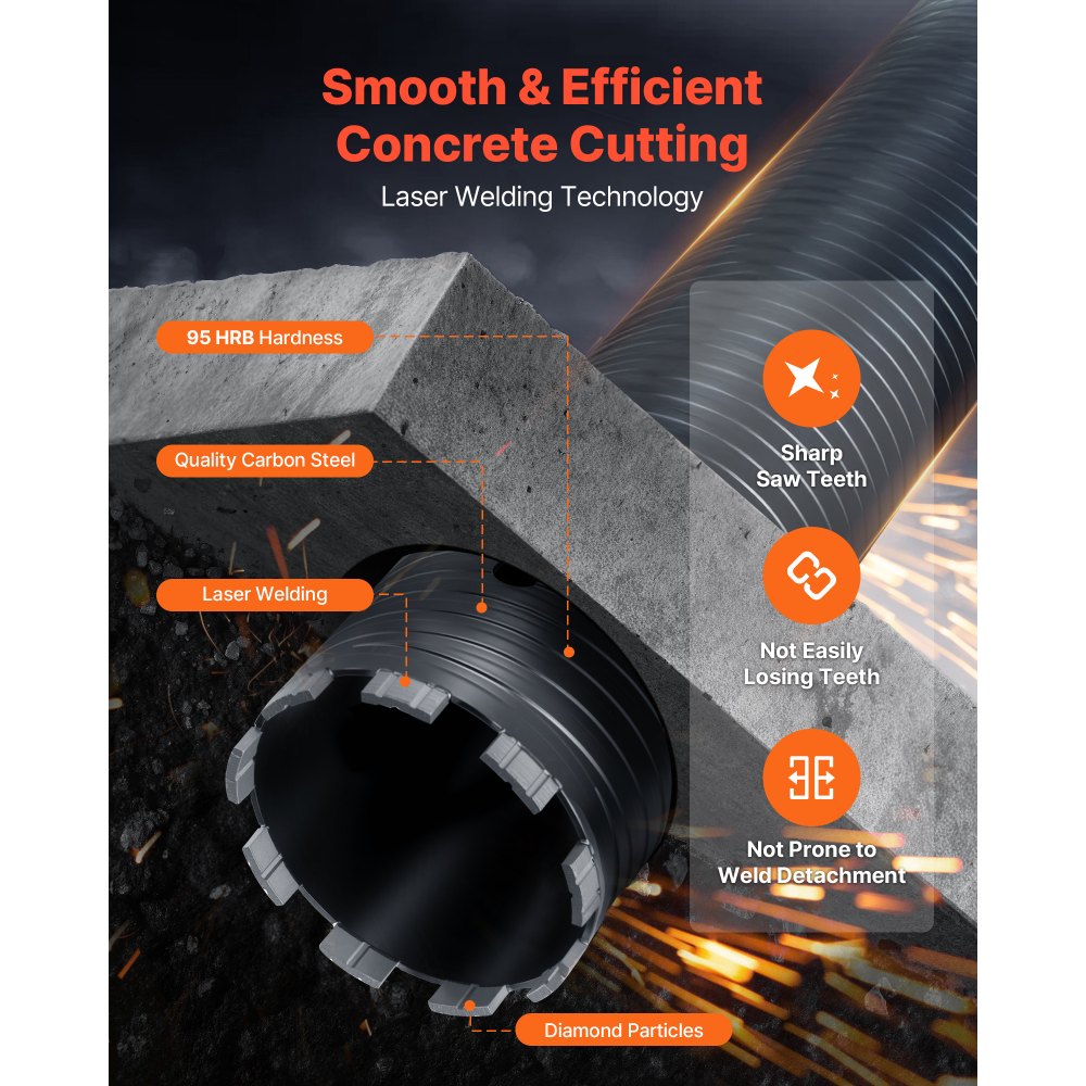 VEVOR Core Drill Bit, 102 mm Diameter, 241 mm Drilling Depth, M16 Internal Thread, Diamond Dry Coring Bit with 3 Adapters, Pilot Drill and Hex Wrench, for Reinforced Concrete, Red Bricks, and Masonry