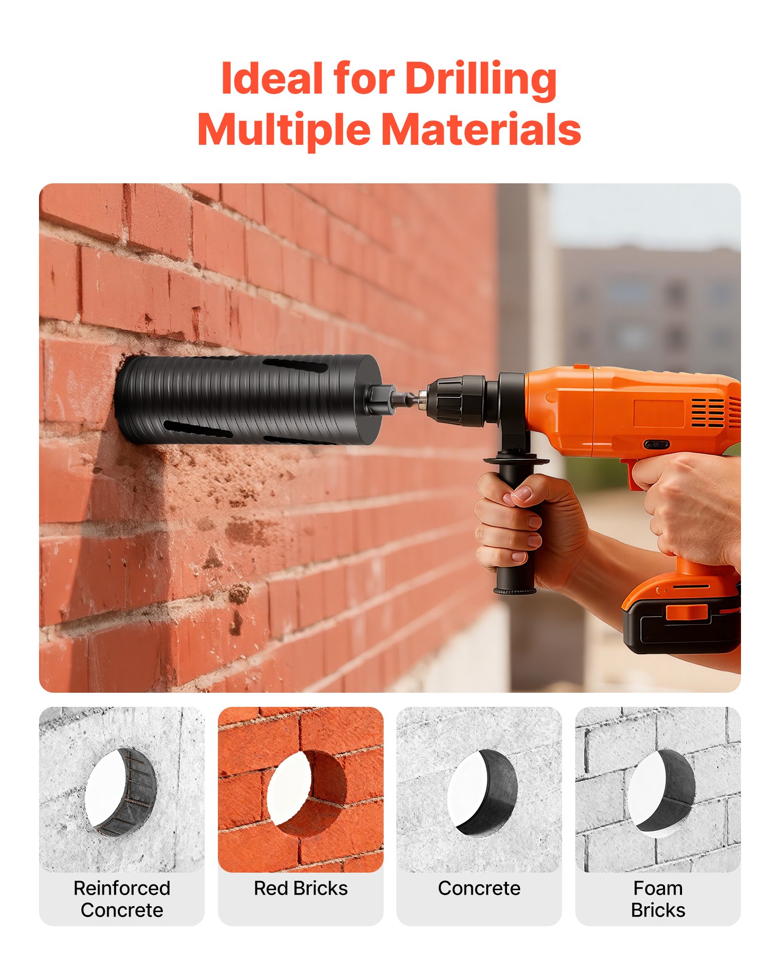 VEVOR Core Drill Bit, 102 mm Diameter, 241 mm Drilling Depth, M16 Internal Thread, Diamond Dry Coring Bit with 3 Adapters, Pilot Drill and Hex Wrench, for Reinforced Concrete, Red Bricks, and Masonry