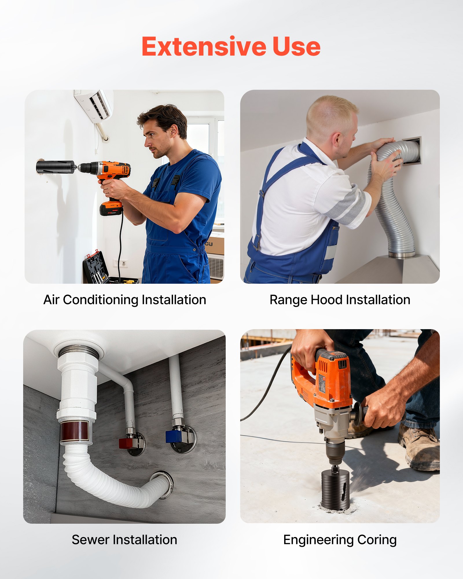 VEVOR Core Drill Bit, 102 mm Diameter, 241 mm Drilling Depth, M16 Internal Thread, Diamond Dry Coring Bit with 3 Adapters, Pilot Drill and Hex Wrench, for Reinforced Concrete, Red Bricks, and Masonry