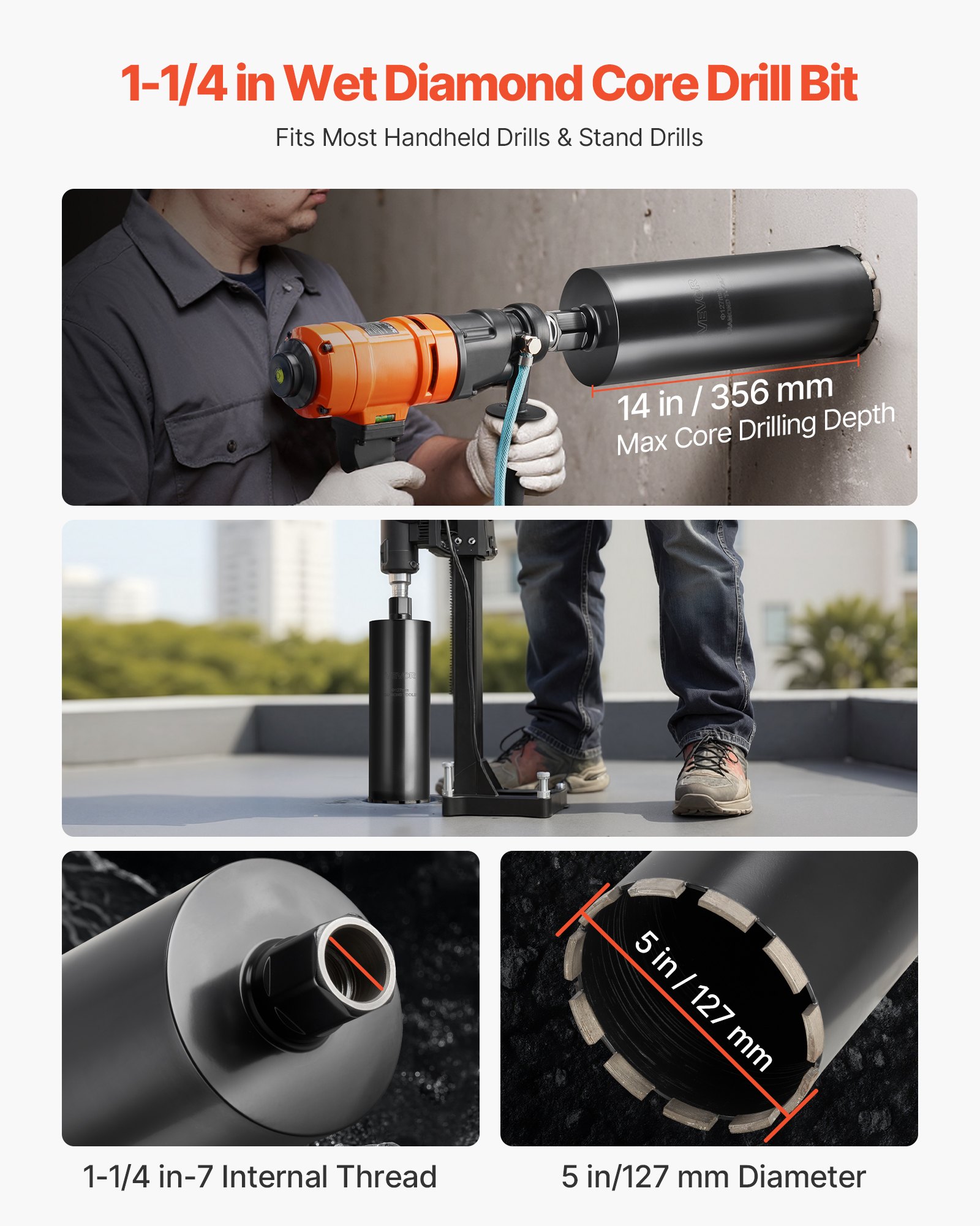 VEVOR Broca de Núcleo para Perforación en Húmedo, 127 mm de Diámetro, 356 mm de Profundidad, Tecnología de Soldadura de Alta Precisión, para Hormigón Armado, Ladrillo y Mampostería, Color Negro