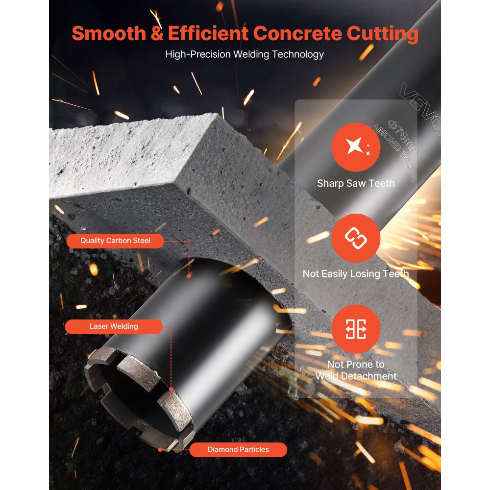 VEVOR Broca de Diamante para Perforación en Húmedo, 76 mm Diámetro, 356 mm Profundidad, Tecnología de Soldadura de Alta Precisión, para Hormigón Armado, Ladrillo y Mampostería, 412 x 76 x 76 mm