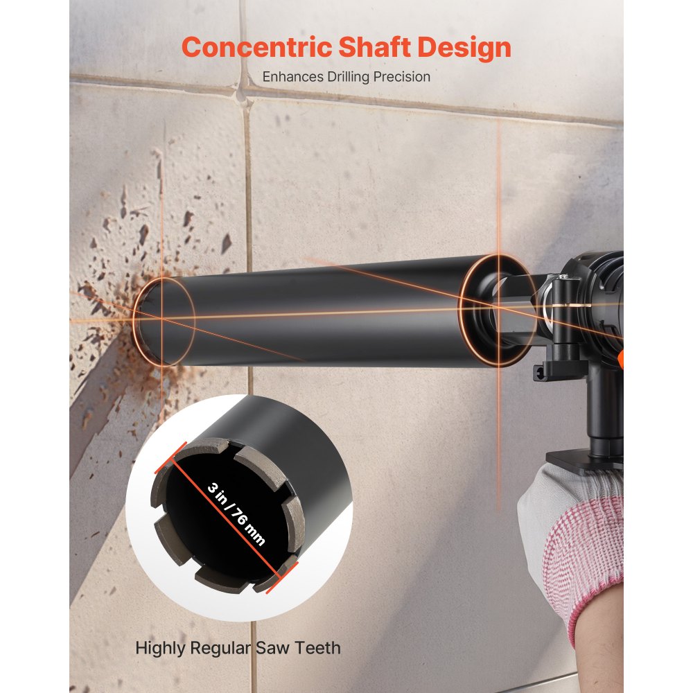 VEVOR Broca de Diamante para Perforación en Húmedo, 76 mm Diámetro, 356 mm Profundidad, Tecnología de Soldadura de Alta Precisión, para Hormigón Armado, Ladrillo y Mampostería, 412 x 76 x 76 mm