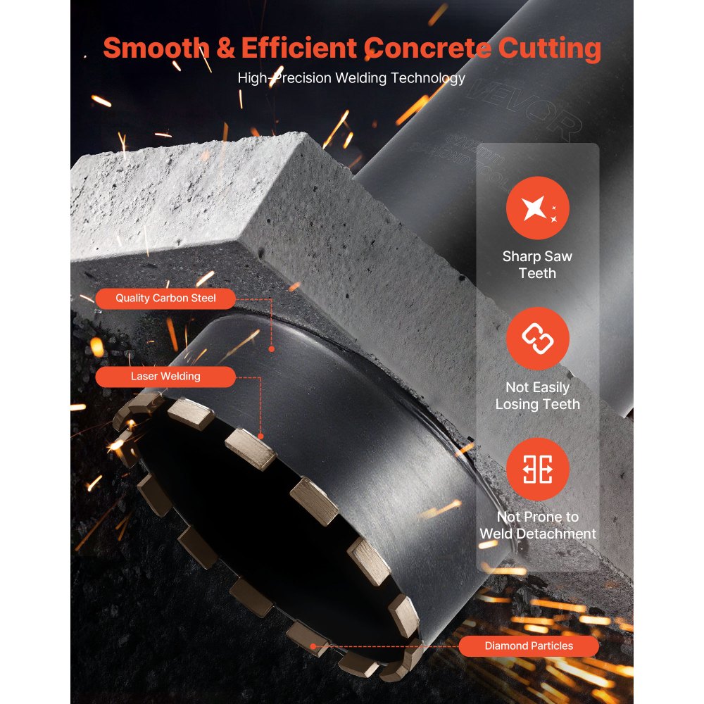 VEVOR Broca de Diamante para Perforación en Húmedo, 203 mm de Diámetro, 356 mm Profundidad de Perforación, Tecnología de Soldadura de Alta Precisión, para Hormigón Armado, Ladrillo y Mampostería
