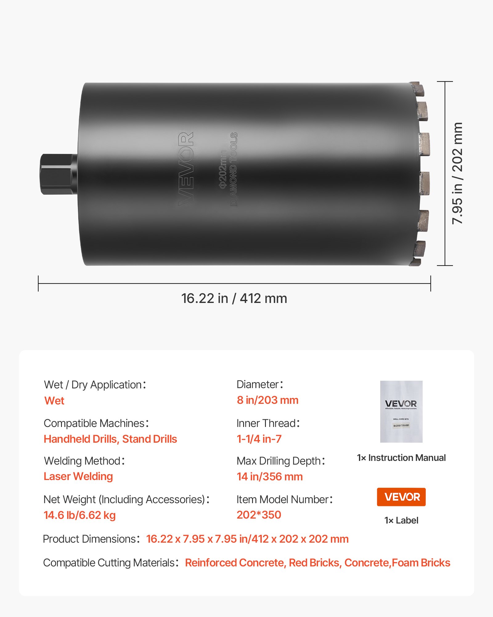 VEVOR Broca de Diamante para Perforación en Húmedo, 203 mm de Diámetro, 356 mm Profundidad de Perforación, Tecnología de Soldadura de Alta Precisión, para Hormigón Armado, Ladrillo y Mampostería