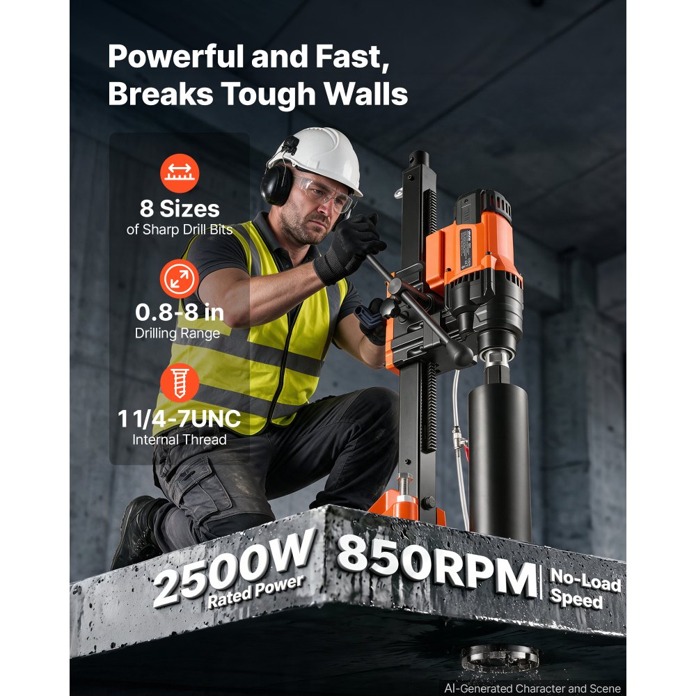 VEVOR Taladro de Núcleo Diámetro 20-202 mm Máquina Perforadora de Diamante, Perforación para Hormigón, Ladrillo, Mármol, 2500 W, Velocidad 850 RPM, con 8 Brocas y Soporte con Ruedas, en Seco y Húmedo