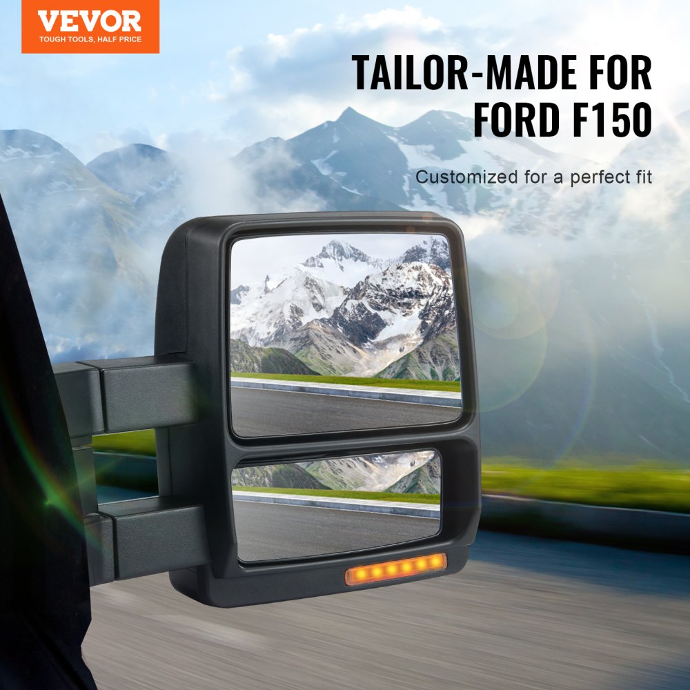 VEVOR Espejo Negro de Remolque Calefacción Eléctrica con Luz de Señal y Vidrio Plano y Convexo, 2 piezas, Control Manual Telescópico Plegable Descongelación de Calefacción para Ford F150 2004-2014