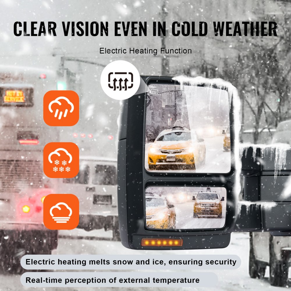 VEVOR Espejo Negro de Remolque Calefacción Eléctrica con Luz de Señal y Vidrio Plano y Convexo, 2 piezas, Control Manual Telescópico Plegable Descongelación de Calefacción para Ford F150 2004-2014